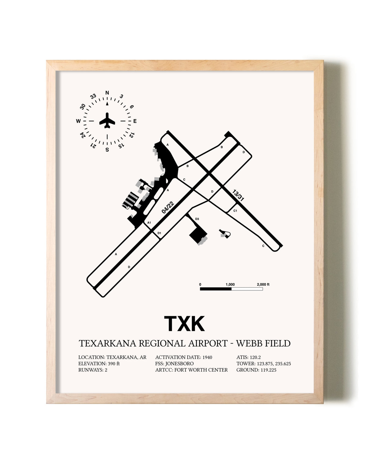 Texarkana Regional Airport-Webb Field framed wall art in white frame