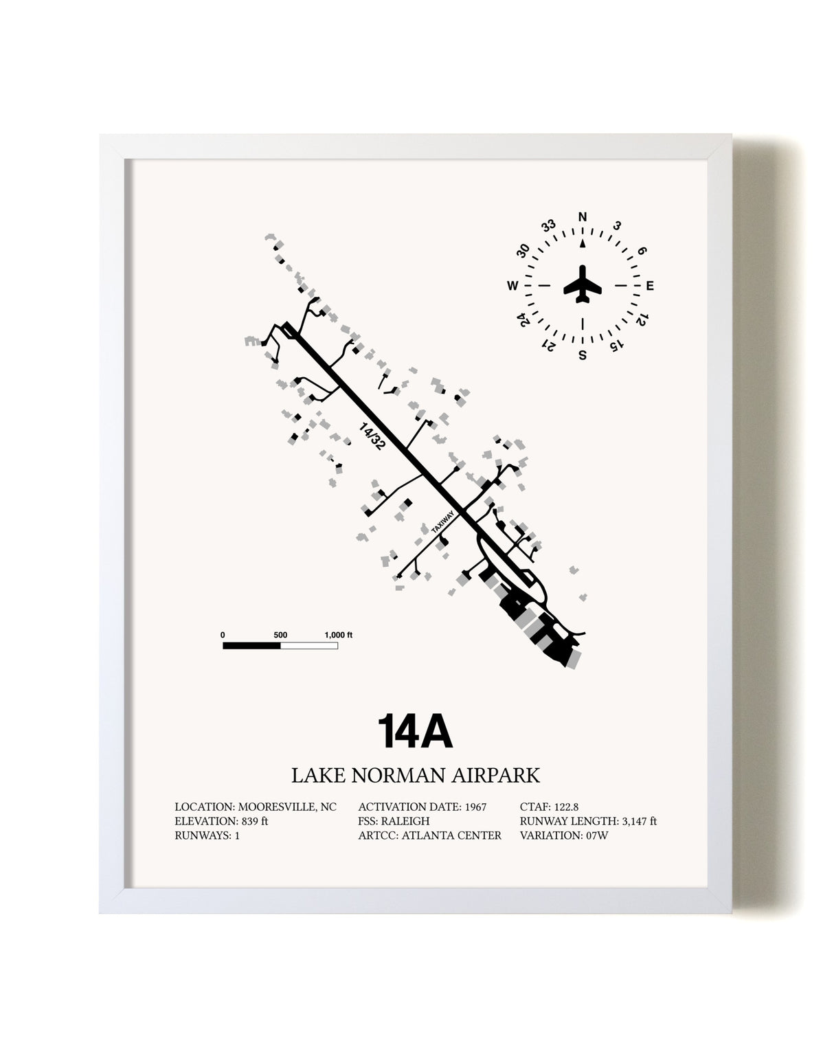 Lake Norman Airpark airport map poster in oak frame