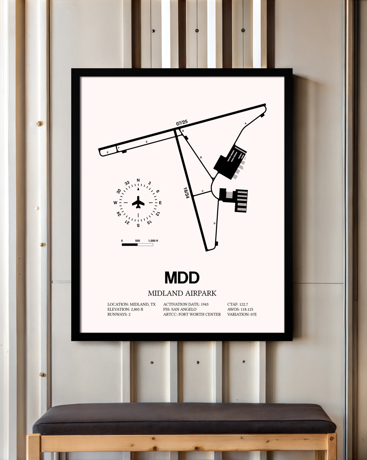 Midland Airpark framed poster displayed in an airplane hangar