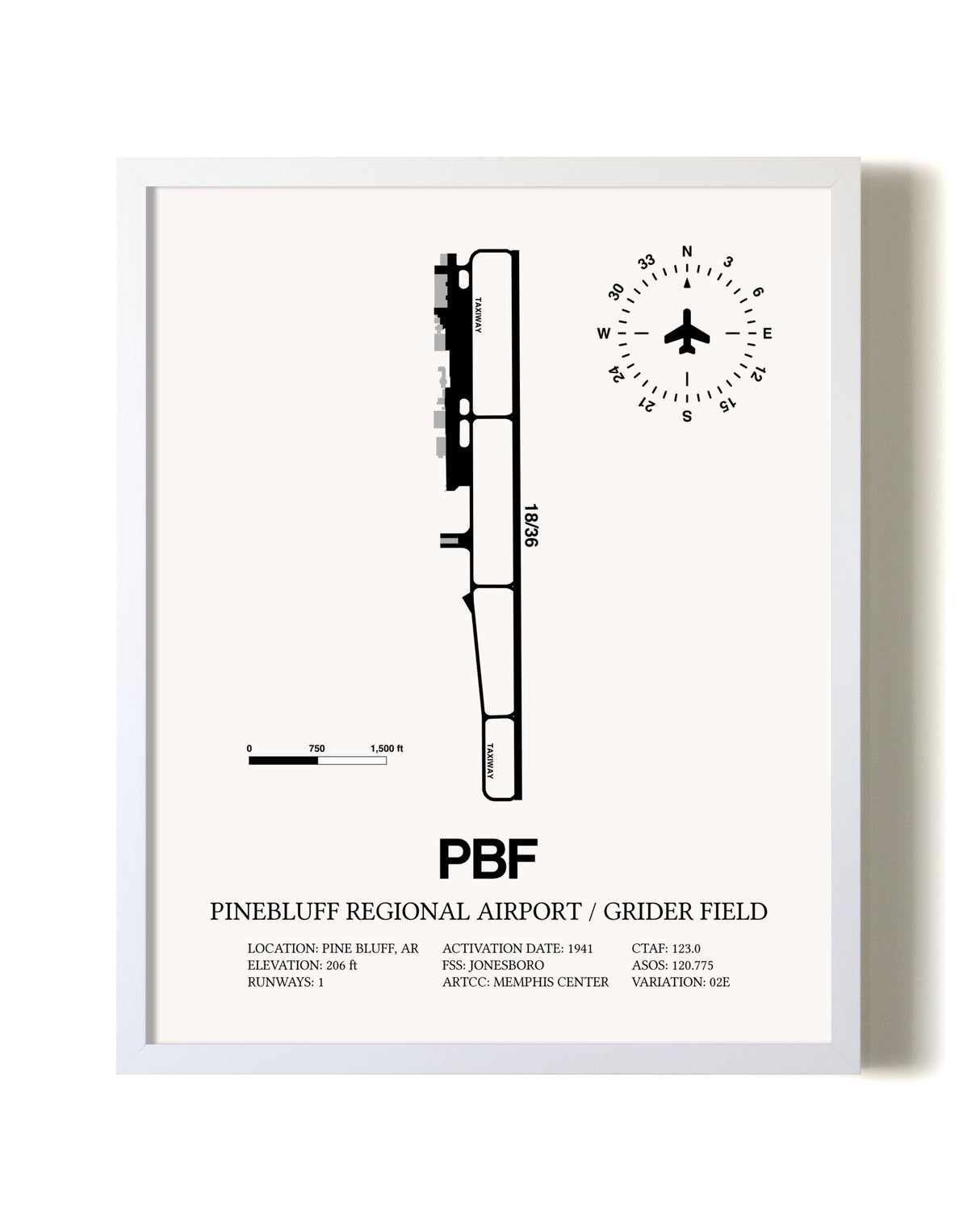 Pinebluff Regional Airport / Grider Field airport map poster in oak frame