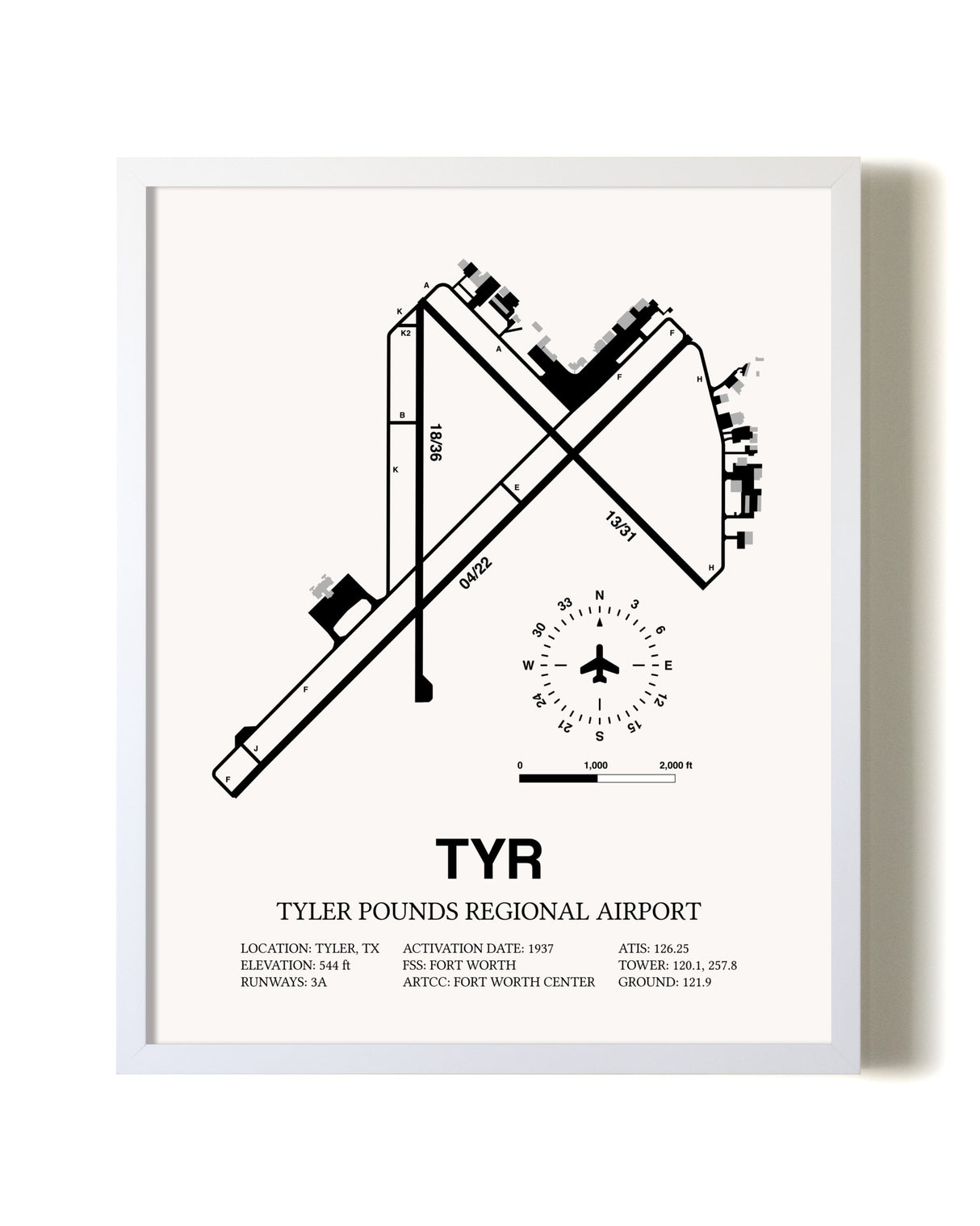 Tyler Pounds Regional Airport airport map poster in oak frame