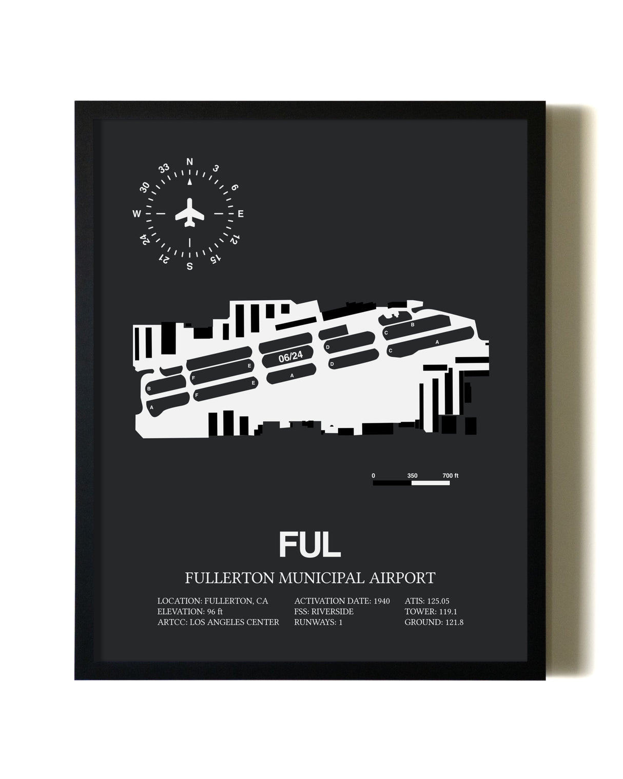 Unframed Fullerton Municipal Airport map print poster