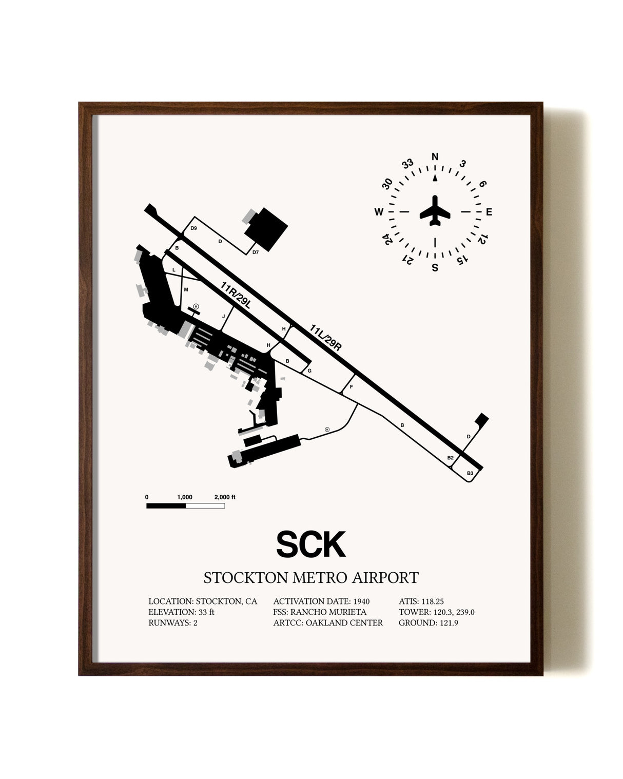 Stockton Metro Airport aviation print in walnut frame