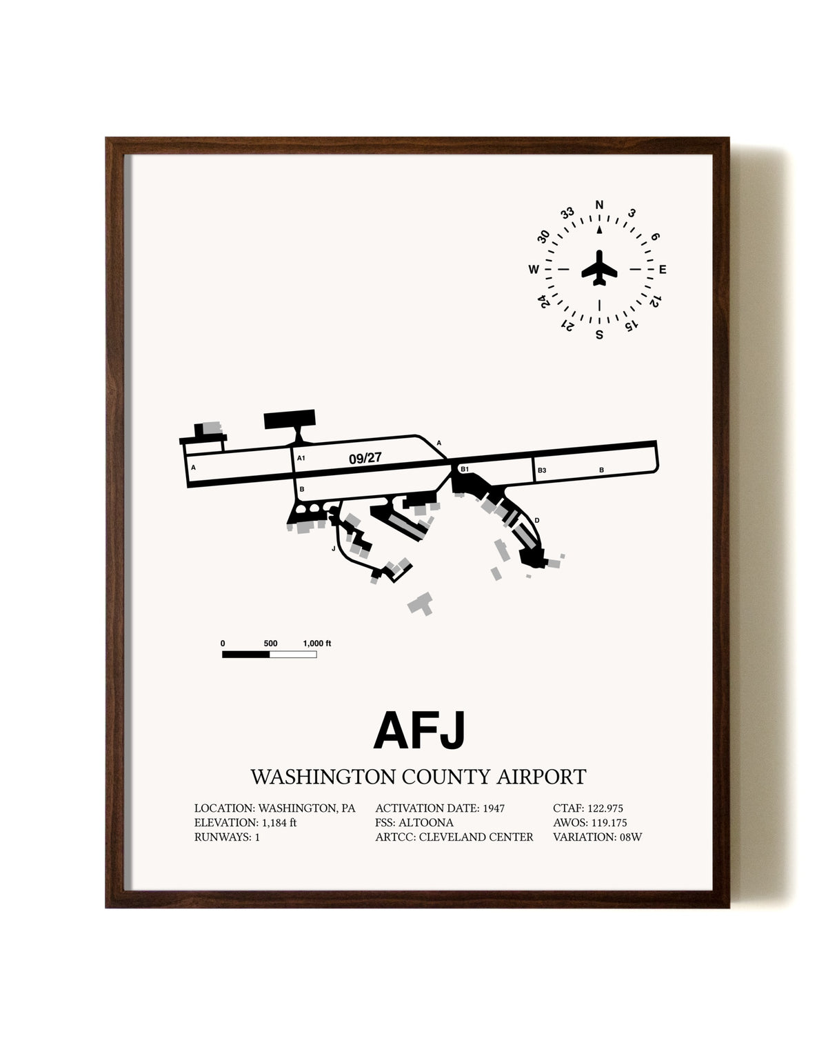 Washington County Airport aviation print in walnut frame