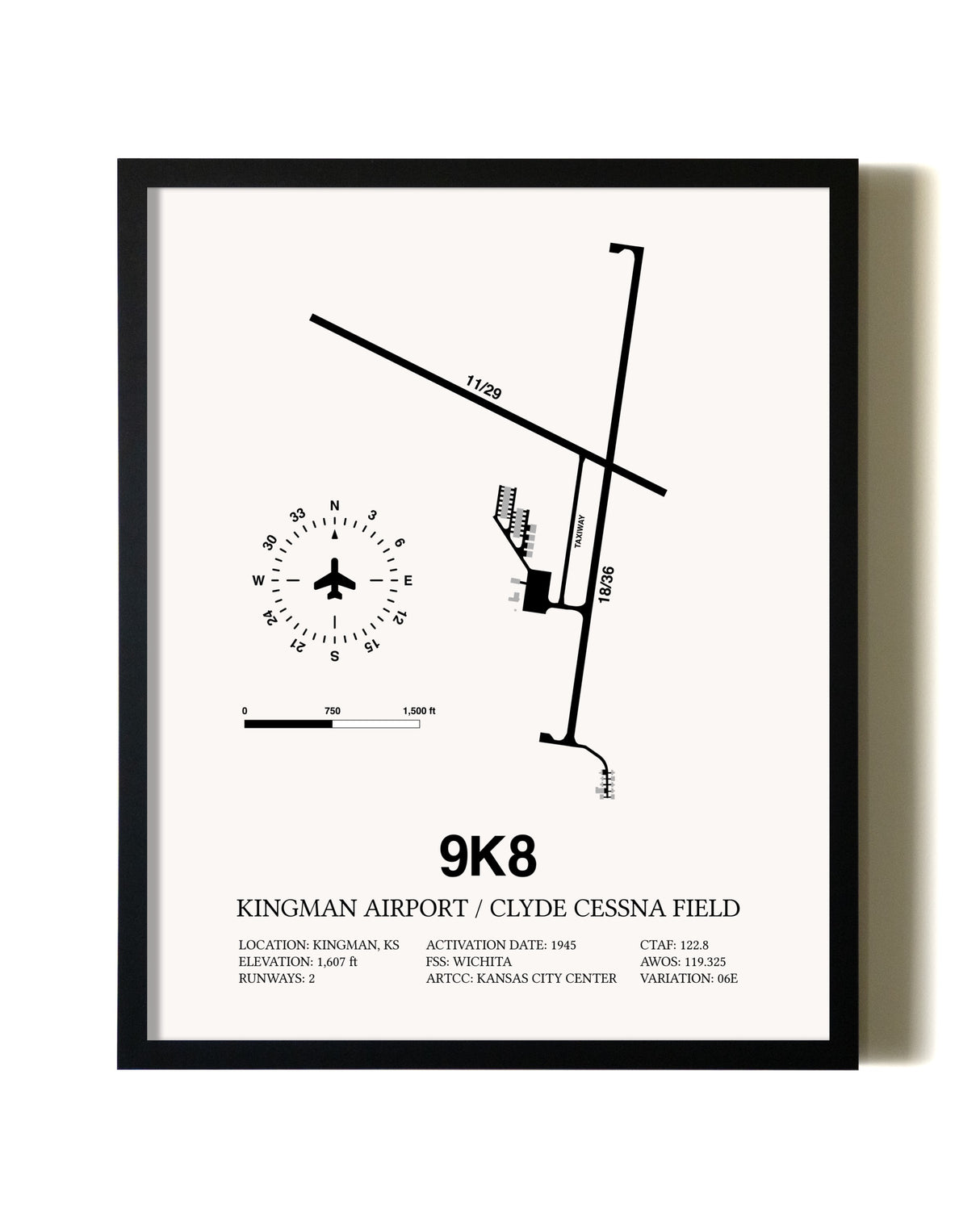 Framed Kingman Airport / Clyde Cessna Field wall art poster in black frame