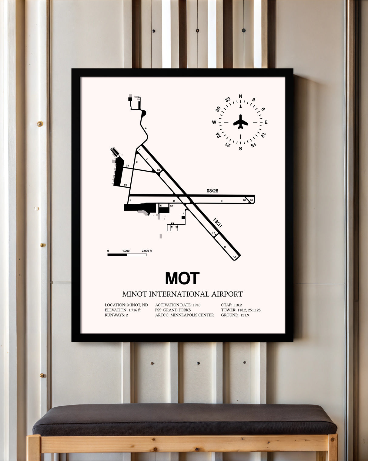 Minot International Airport framed poster displayed in an airplane hangar