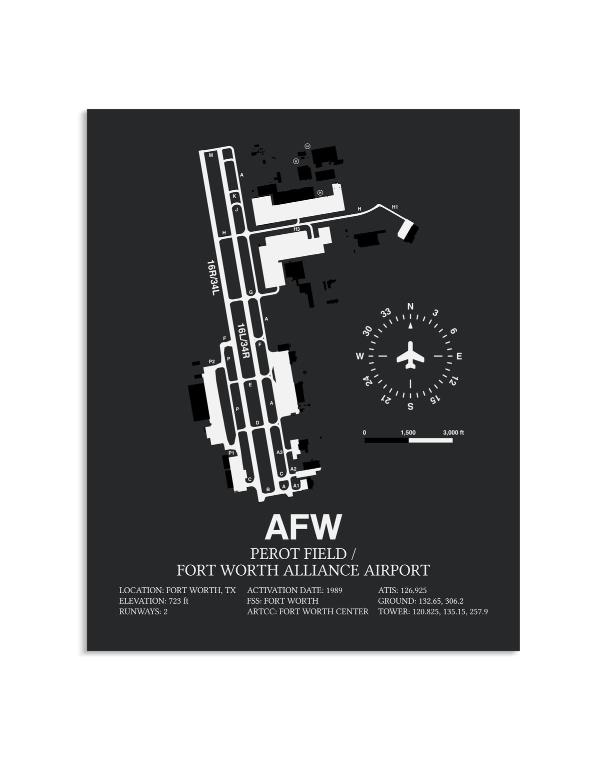 Gray Framed Perot Field / Fort Worth Alliance Airport layout wall art poster