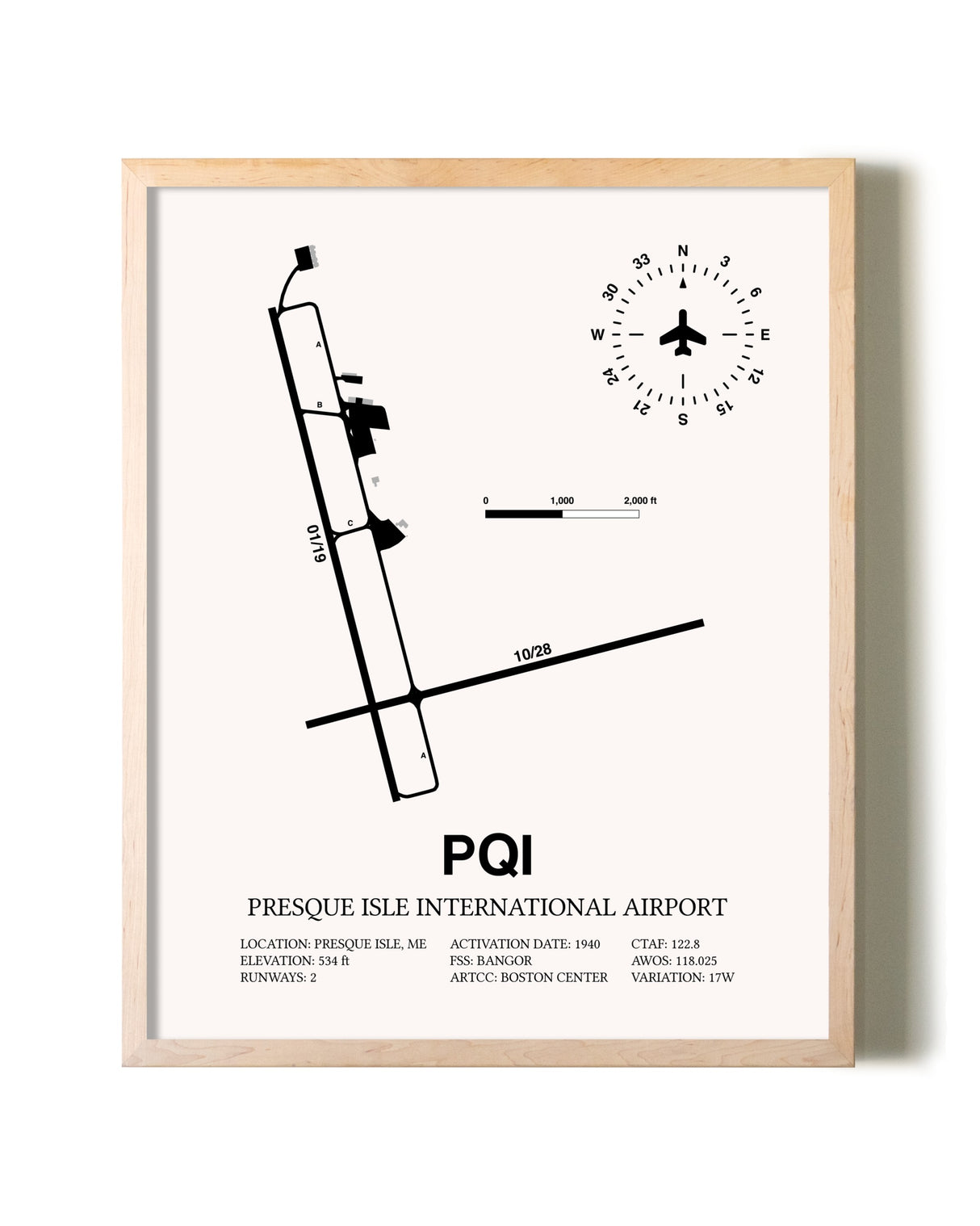 Presque Isle International Airport framed wall art in white frame