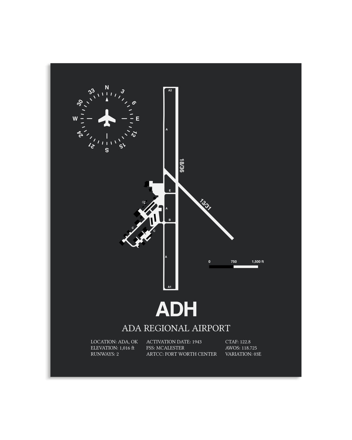 Gray Framed Ada Regional Airport layout wall art poster