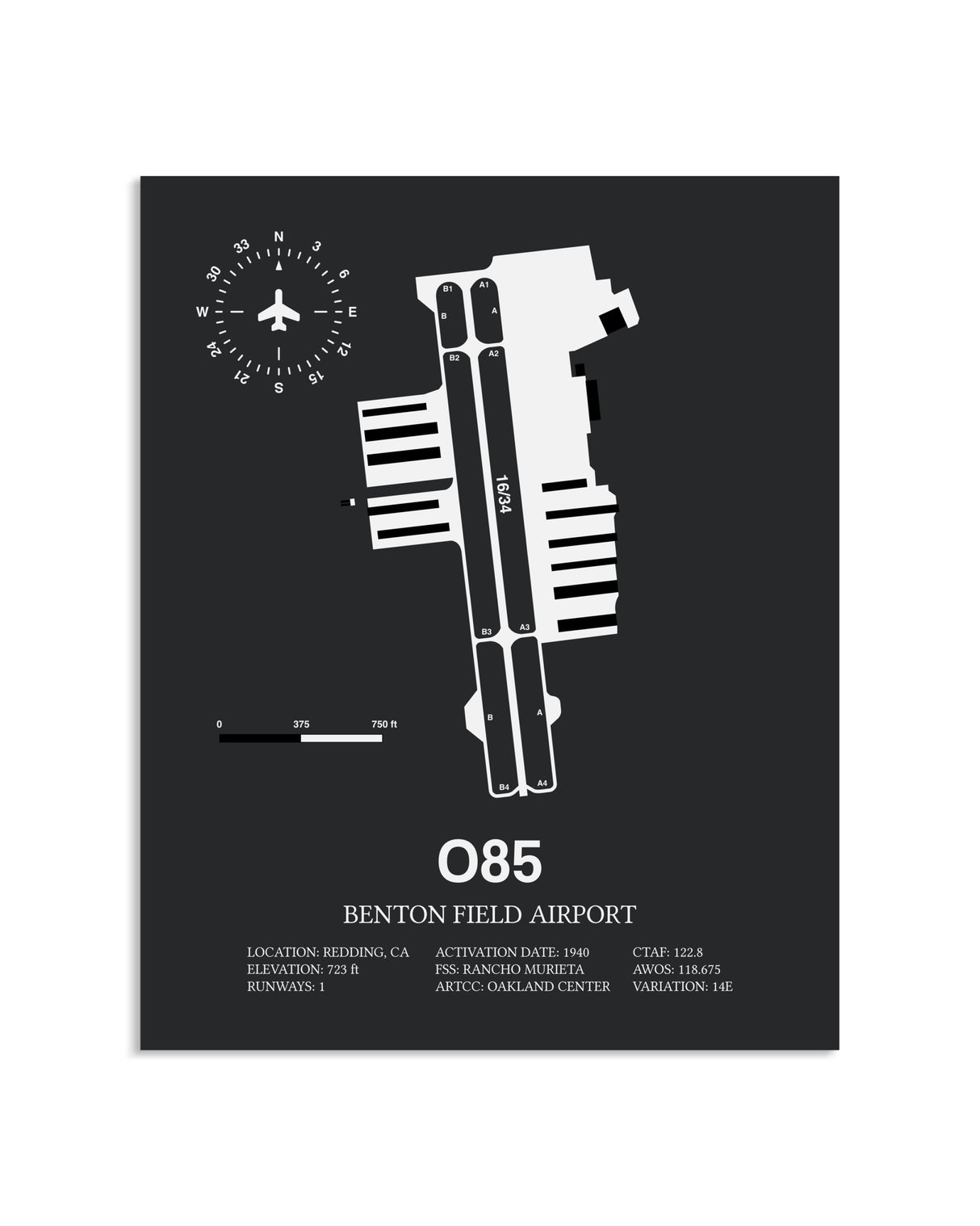 Gray Framed Benton Field Airport layout wall art poster