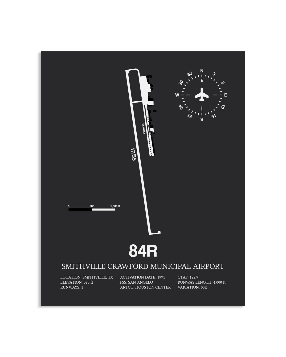 Gray Framed Smithville Crawford Municipal Airport layout wall art poster