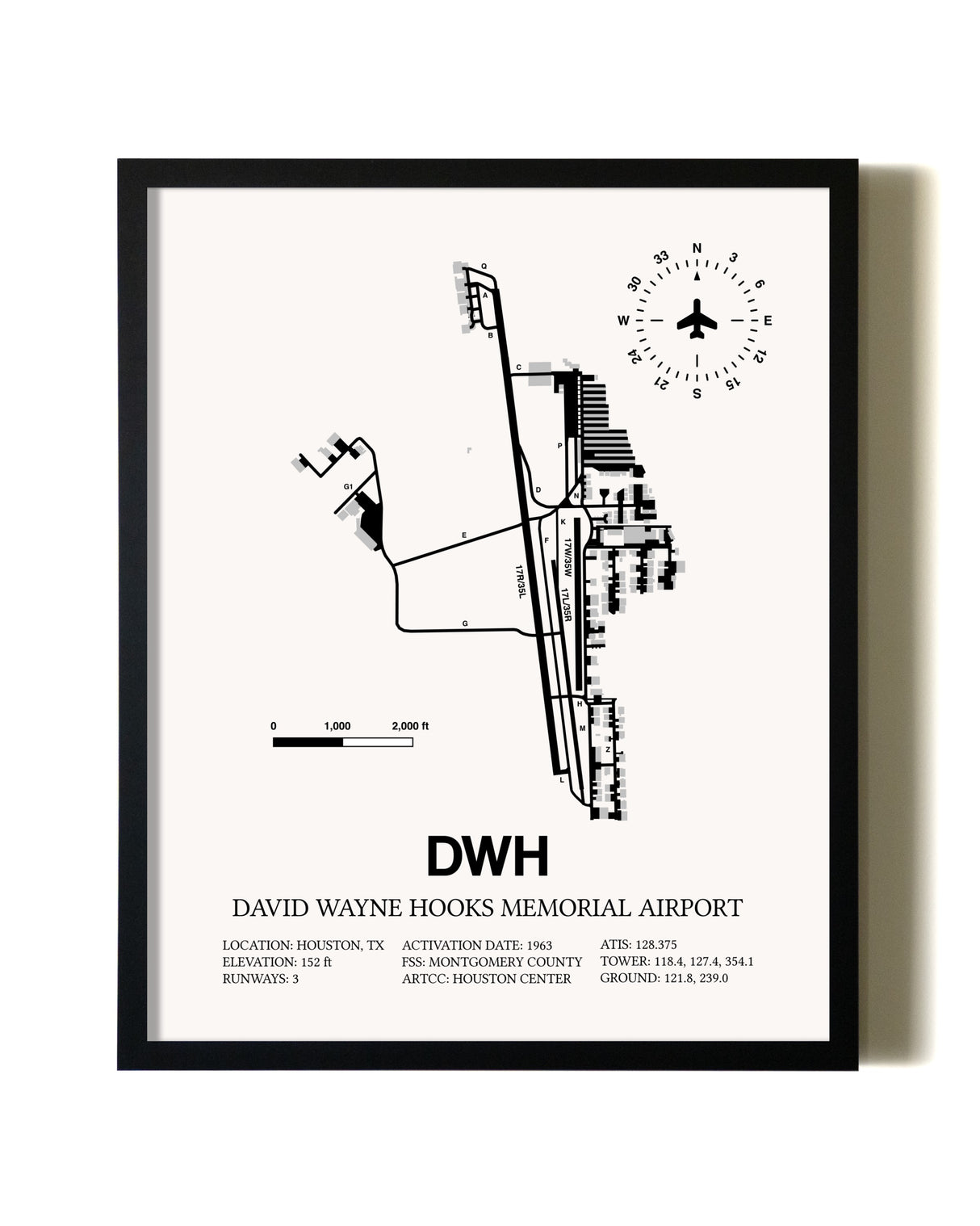 Framed David Wayne Hooks Memorial Airport wall art poster in black frame