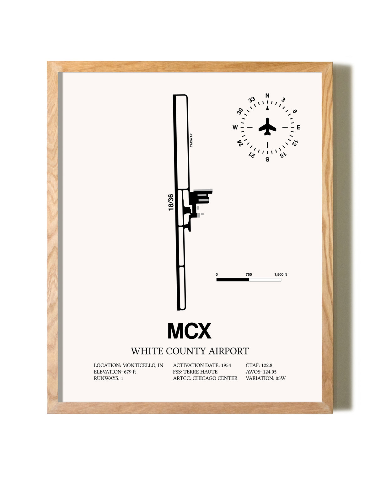 White County Airport framed print in natural wood frame