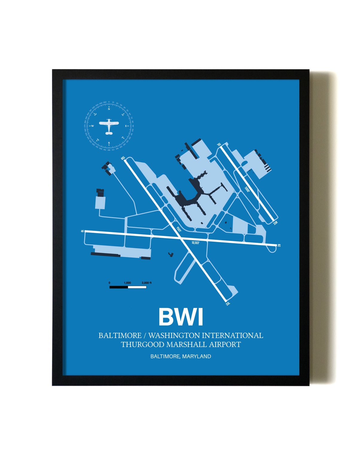 Sky Blue Baltimore/Washington International Thurgood Marshall Airport aviation wall décor in black wood frame