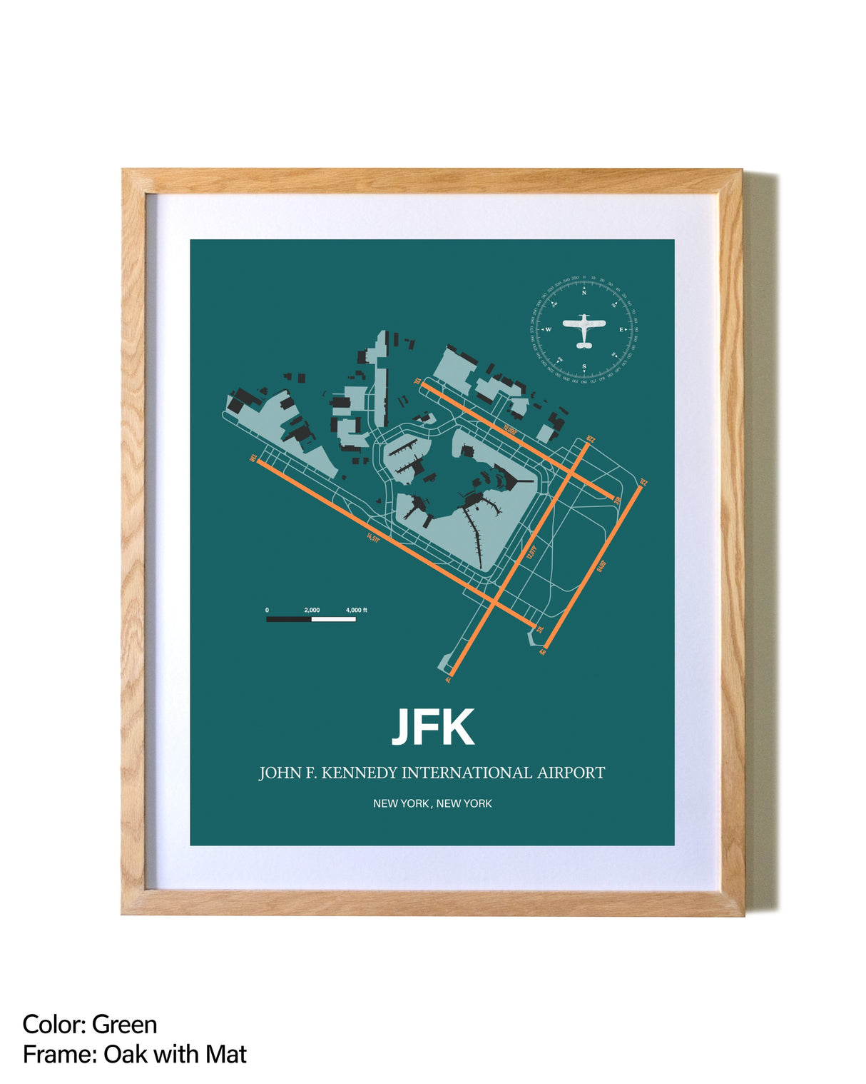 John F. Kennedy International Airport airport map poster in oak frame with mat