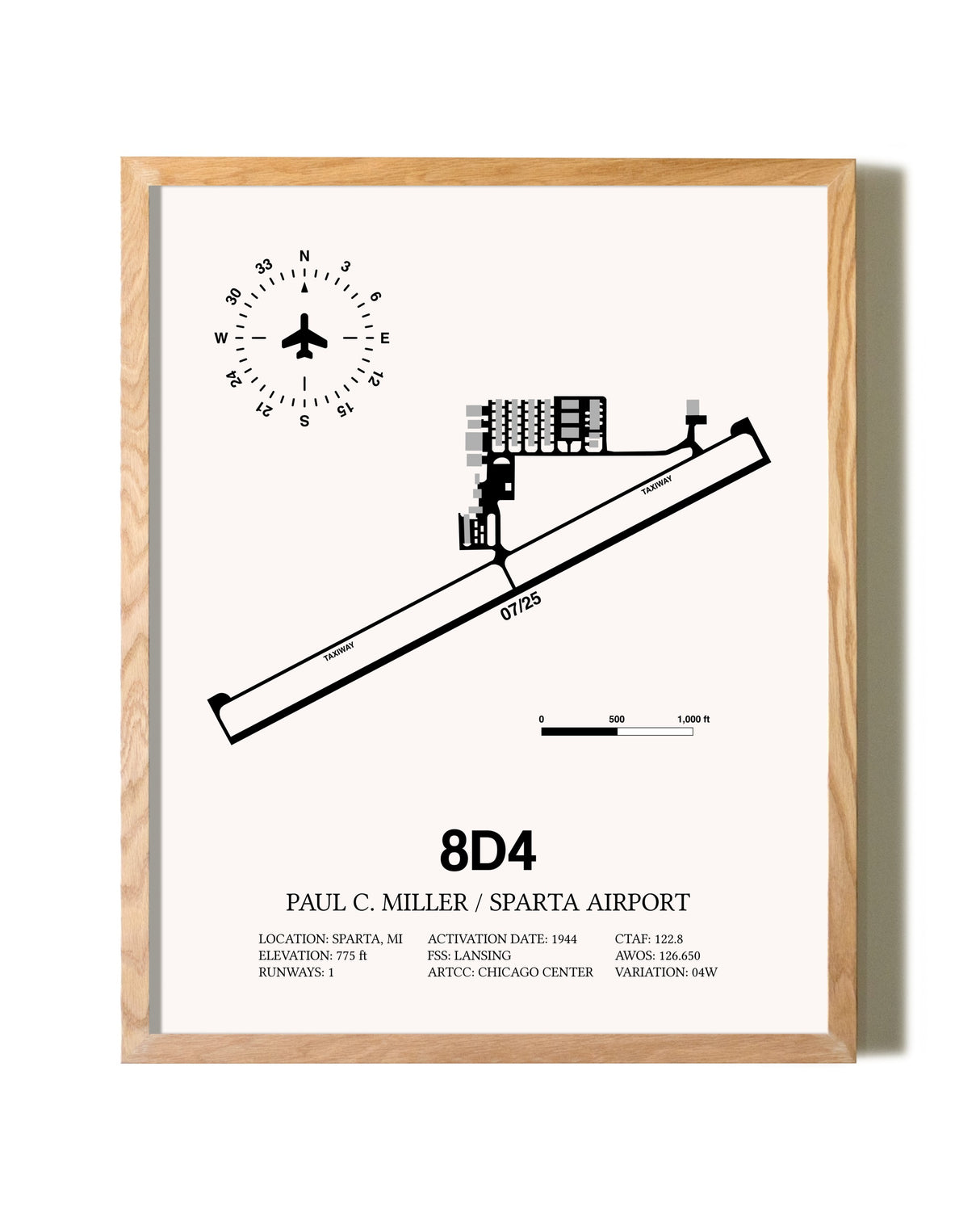Paul C Miller/Sparta Airport framed print in natural wood frame