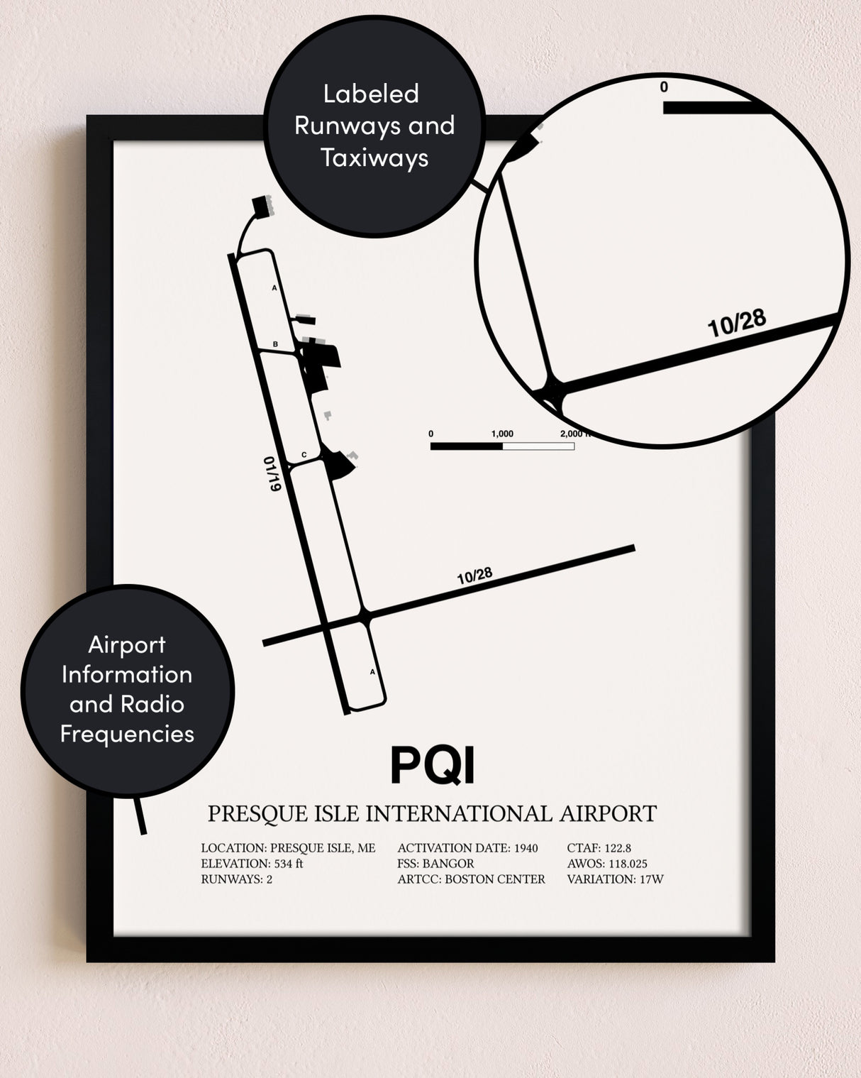 Framed Presque Isle International Airport layout wall art poster