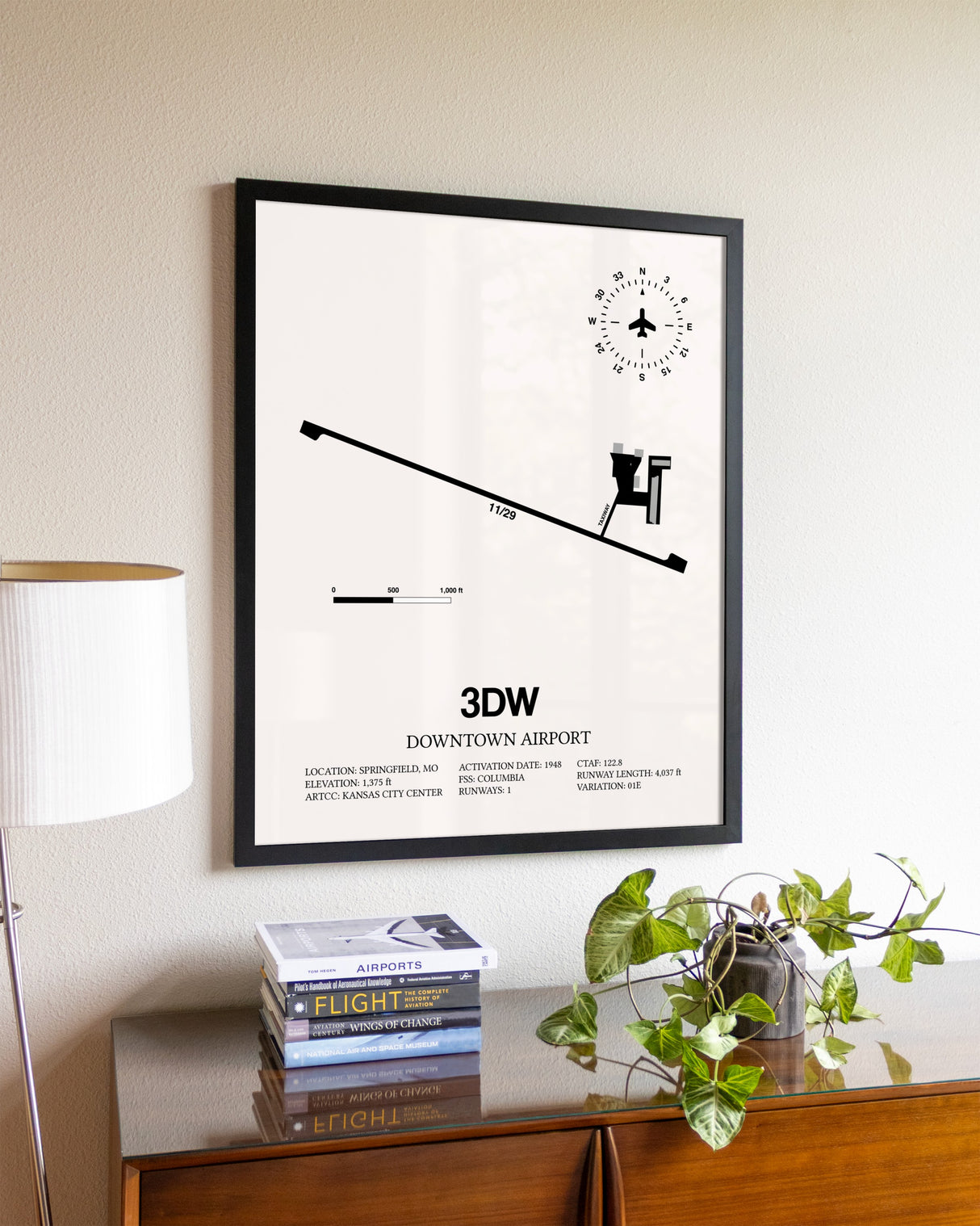 Downtown Airport aviation wall décor in black wood frame