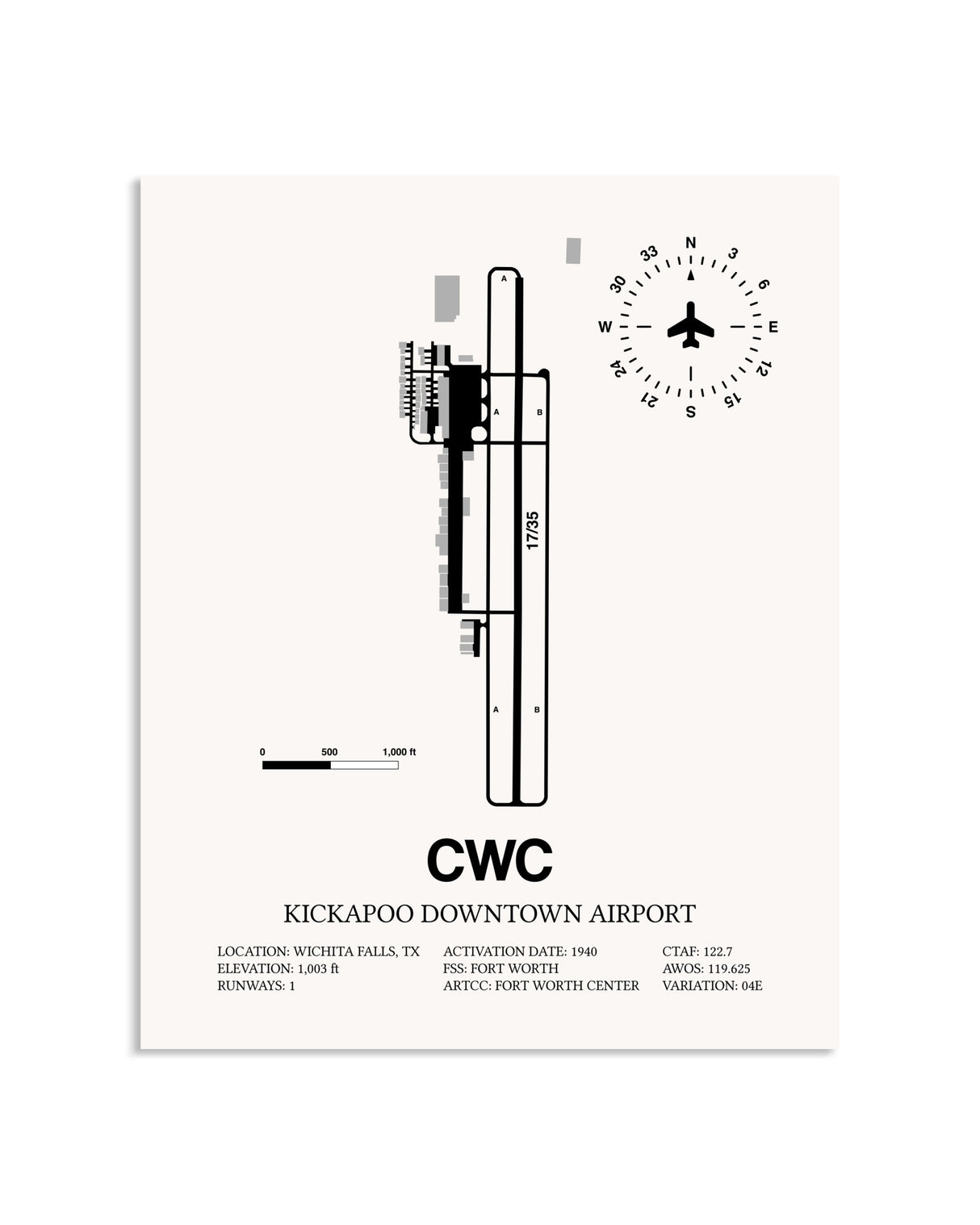 Gray Kickapoo Downtown Airport framed poster displayed in an airplane hangar