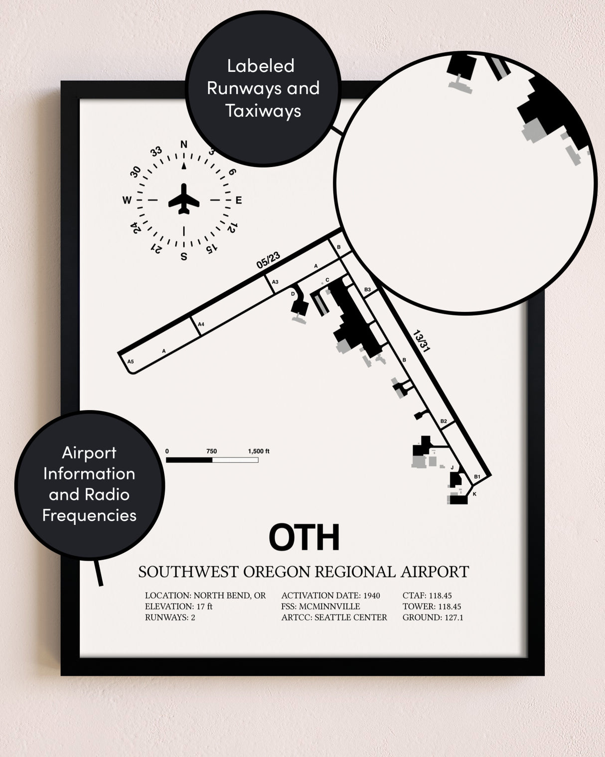 Framed Southwest Oregon Regional Airport layout wall art poster