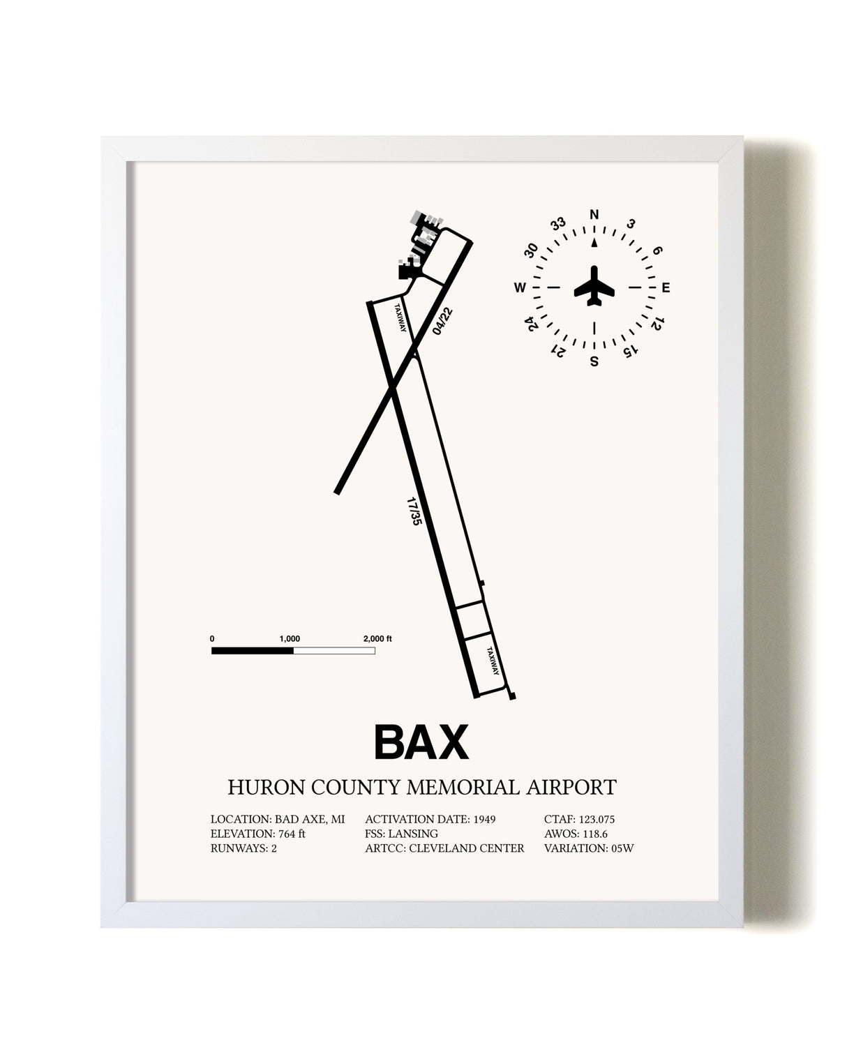 Huron County Memorial Airport airport map poster in oak frame