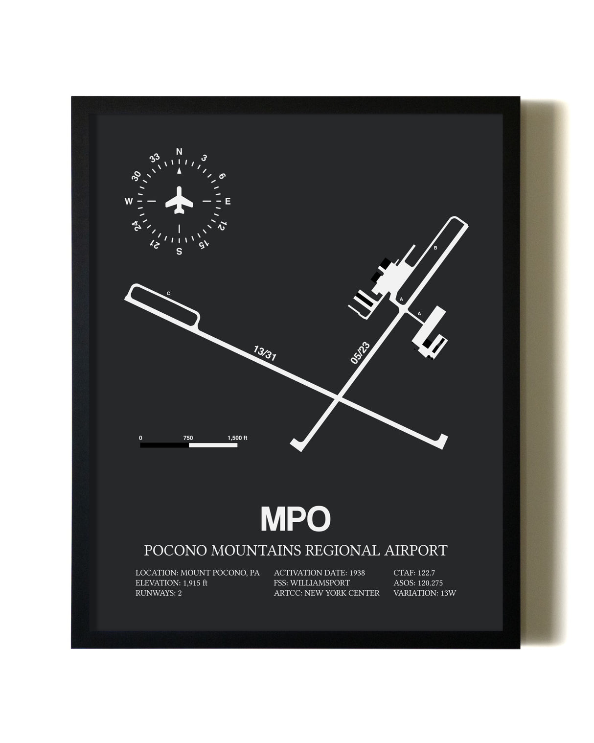 Unframed Pocono Mountains Regional Airport map print poster