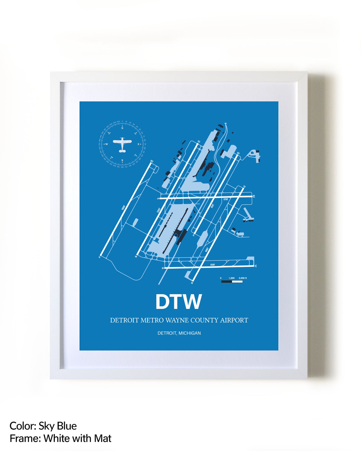Detroit Metro Wayne County Airport framed wall art in white frame with mat