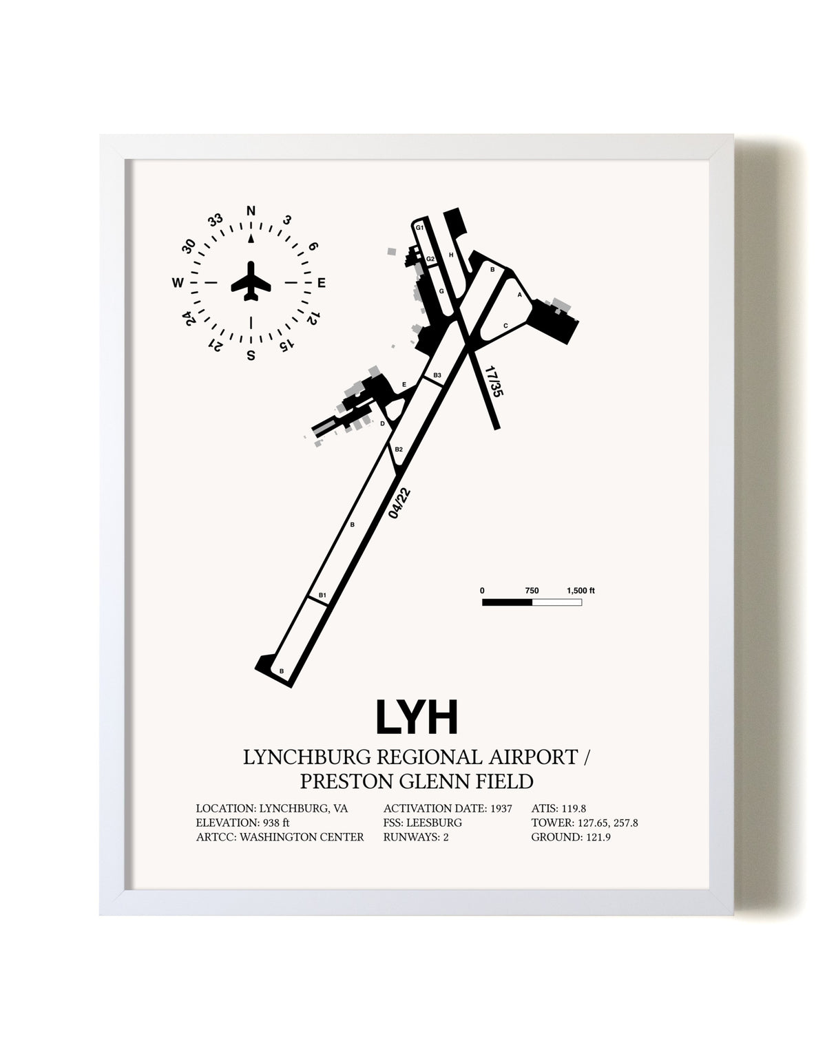 Lynchburg Regional Airport / Preston Glenn Field airport map poster in oak frame