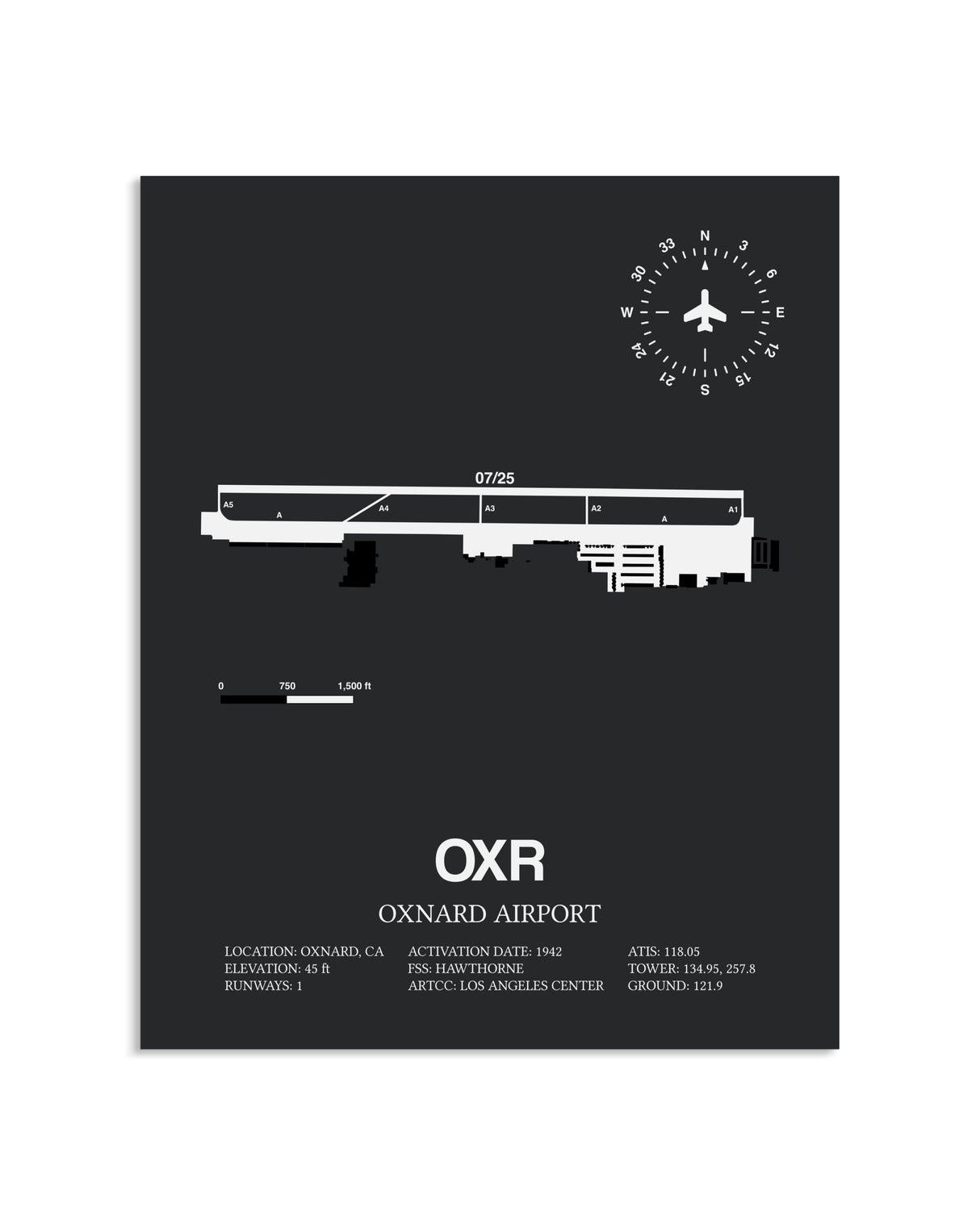 Gray Framed Oxnard Airport layout wall art poster