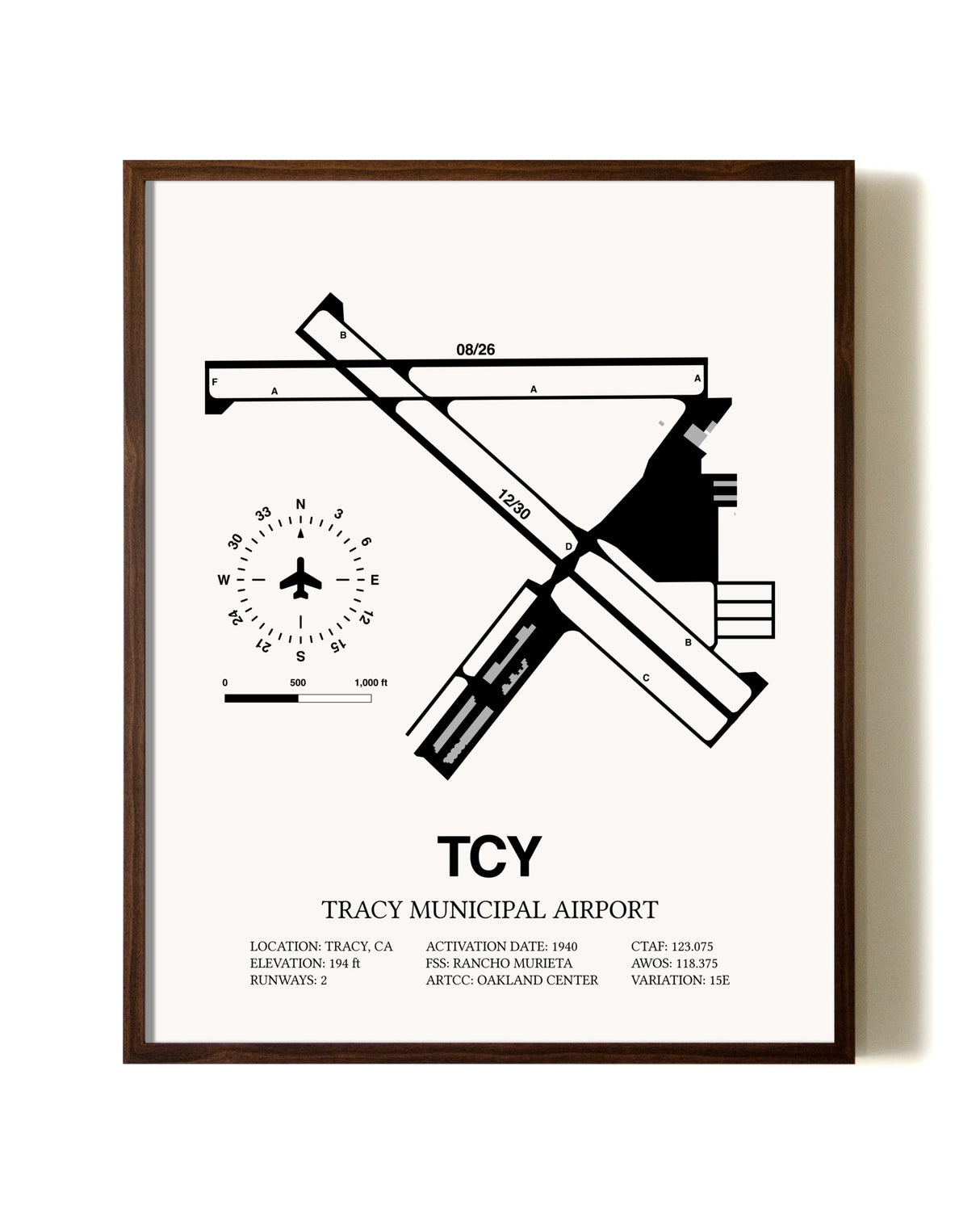 Tracy Municipal Airport aviation print in walnut frame
