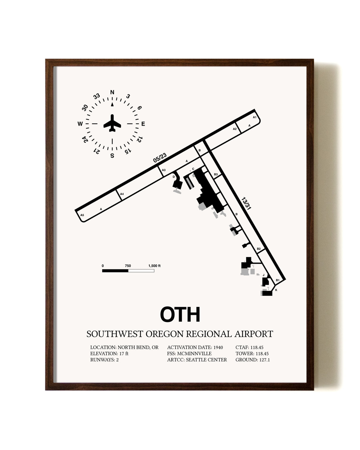 Southwest Oregon Regional Airport aviation print in walnut frame
