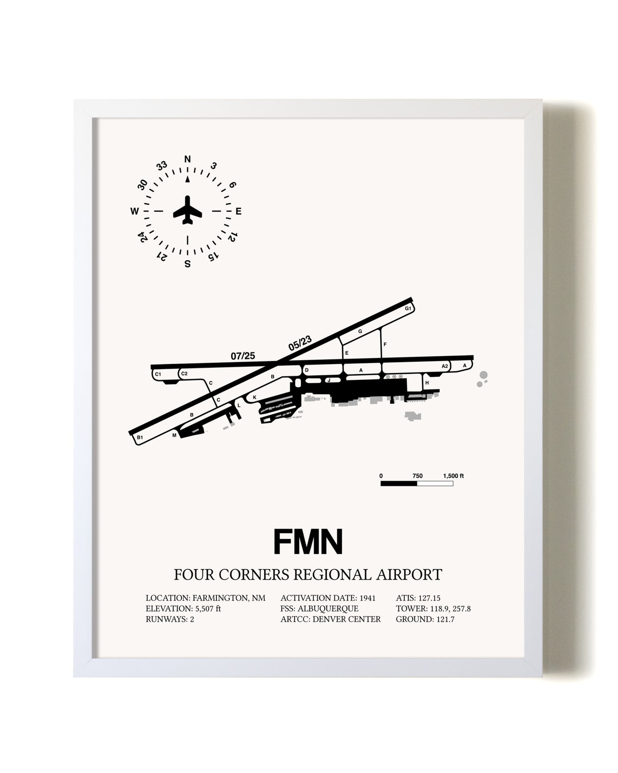 Four Corners Regional Airport airport map poster in oak frame