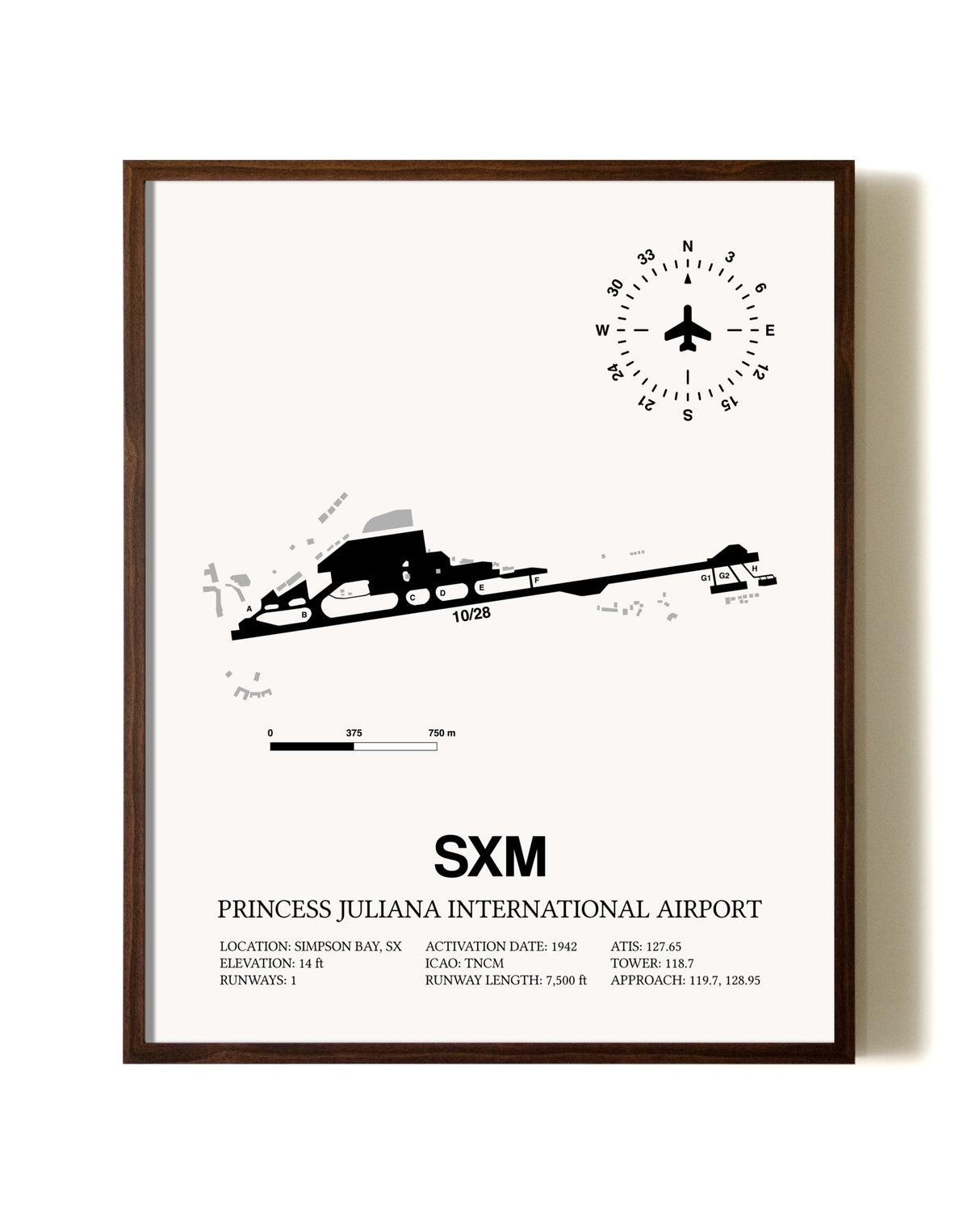 Princess Juliana International Airport aviation print in walnut frame