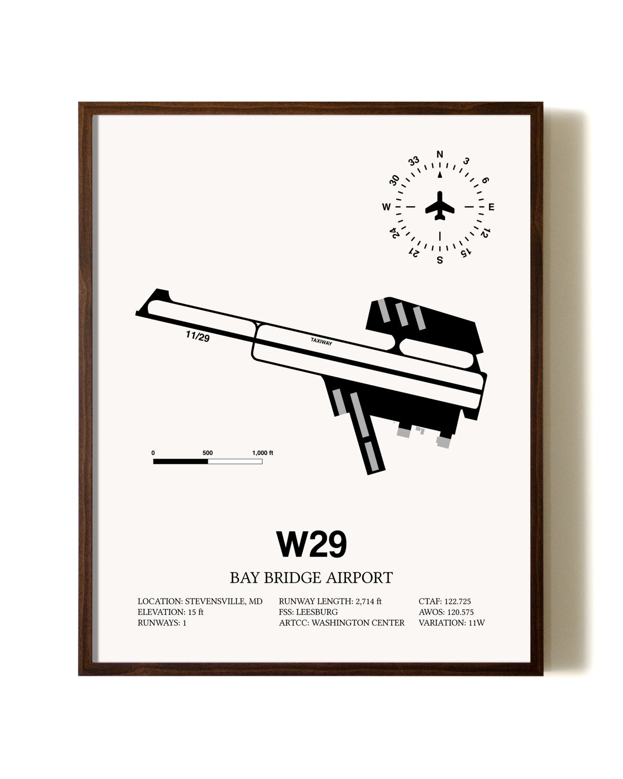 Bay Bridge Airport aviation print in walnut frame
