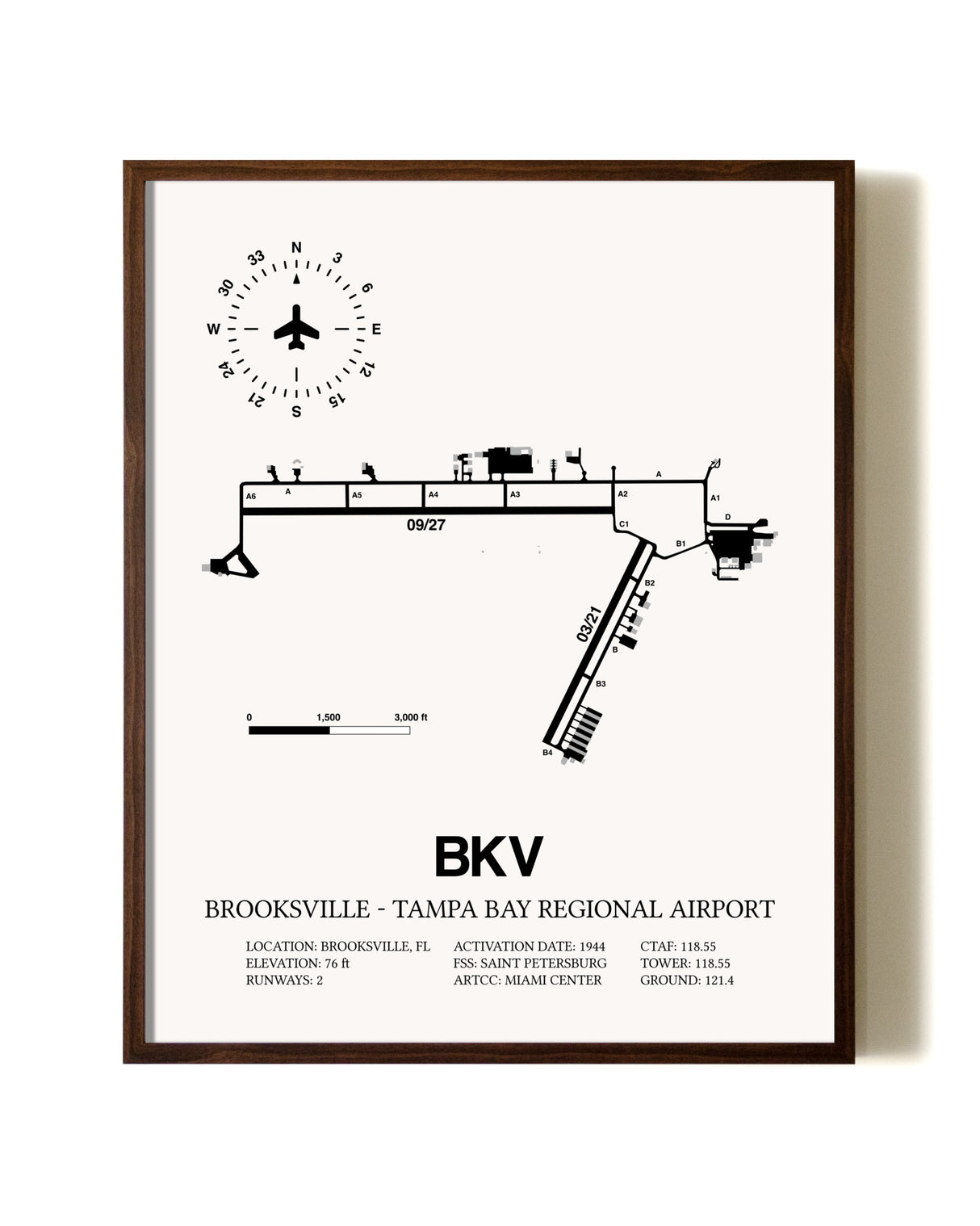 Brooksville-Tampa Bay Regional Airport aviation print in walnut frame