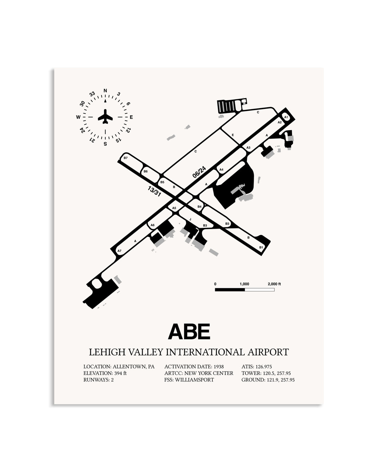 Gray Lehigh Valley International Airport framed poster displayed in an airplane hangar