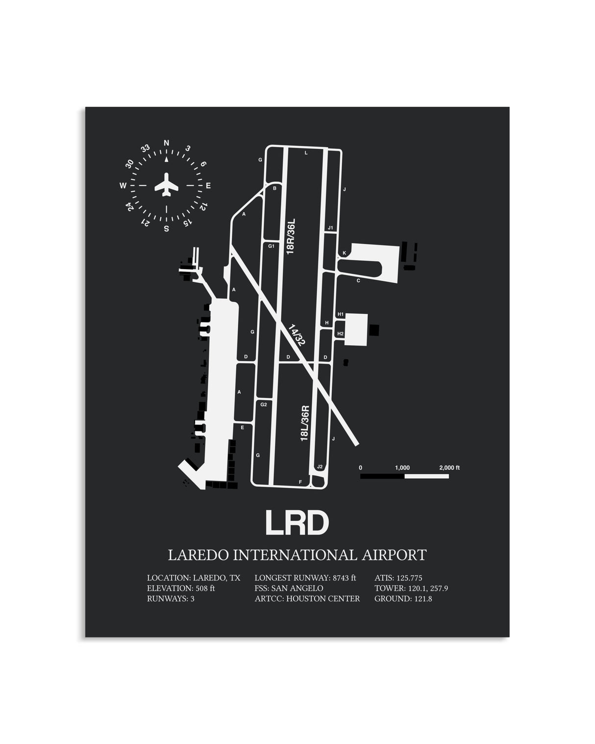 Gray Framed Laredo International Airport layout wall art poster