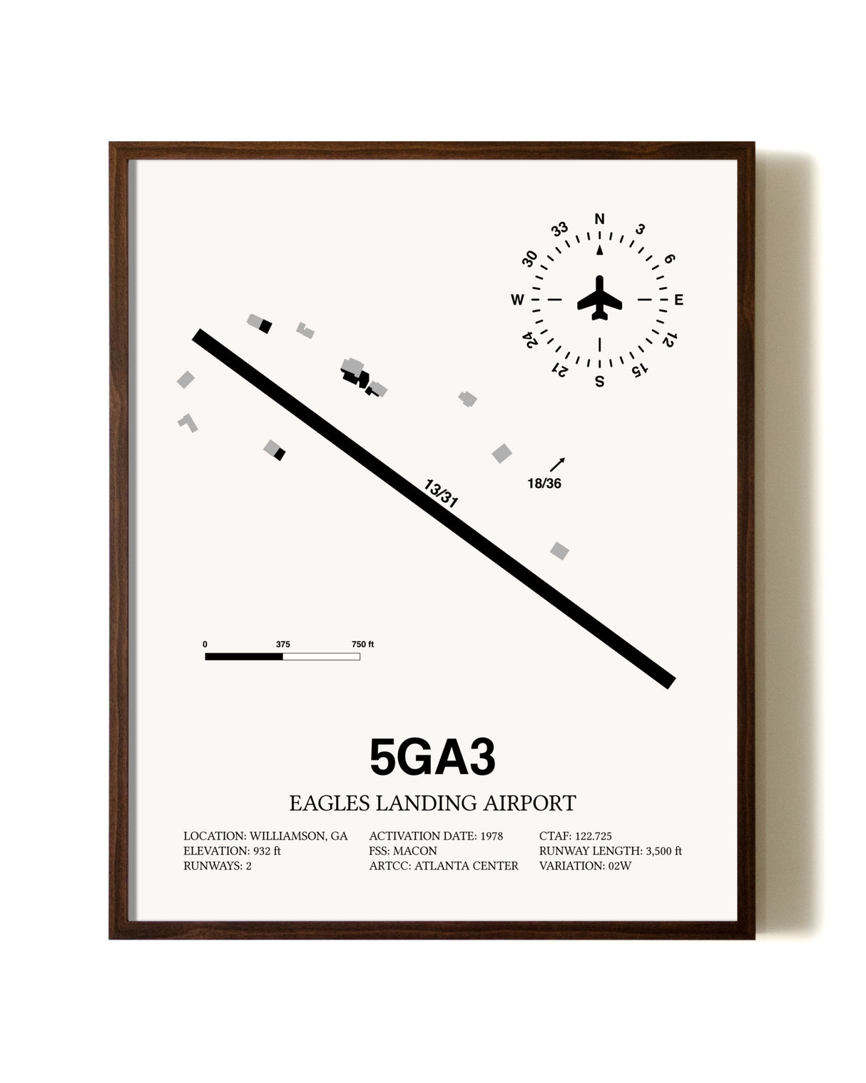 Eagles Landing Airport aviation print in walnut frame