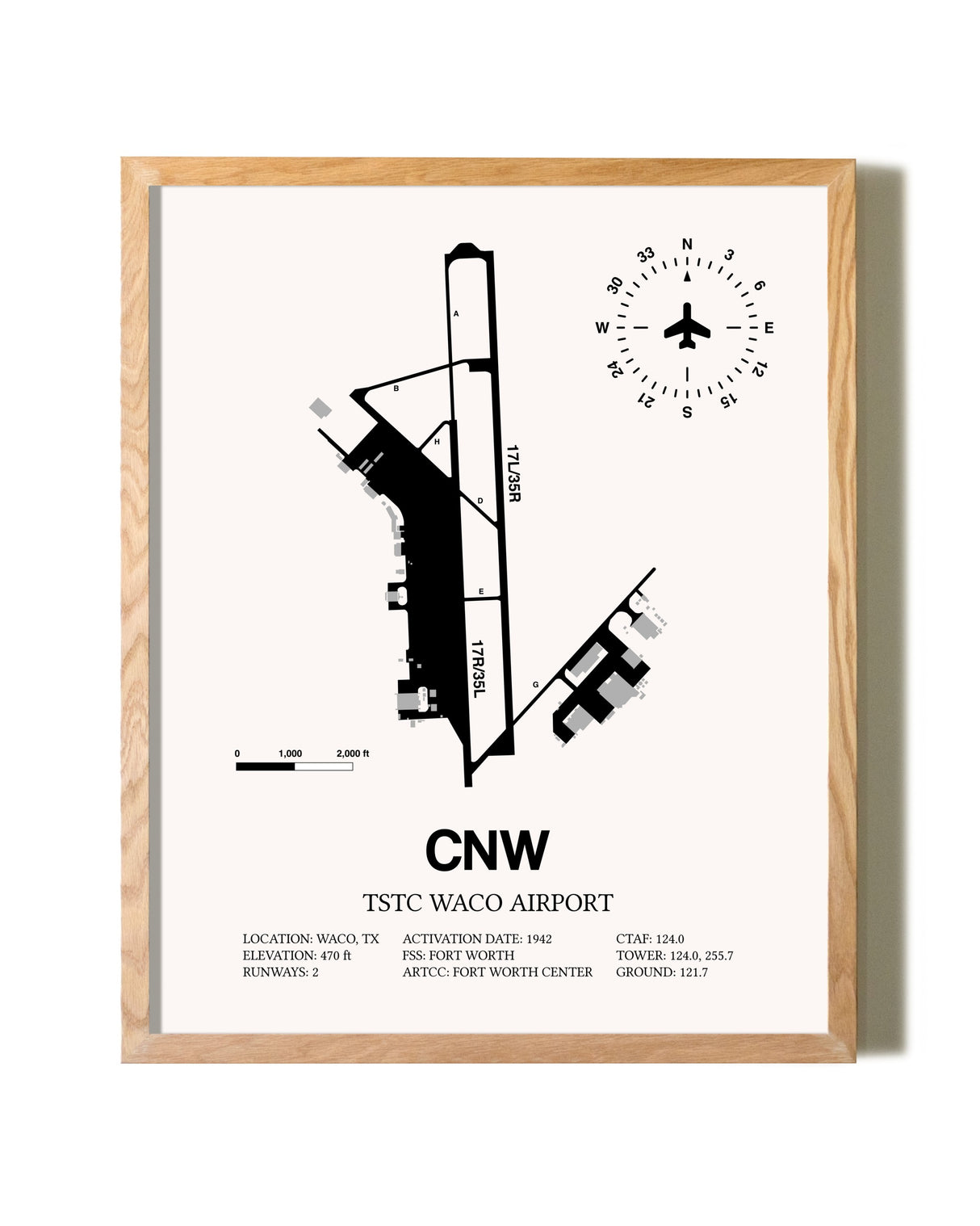 TSTC Waco Airport framed print in natural wood frame