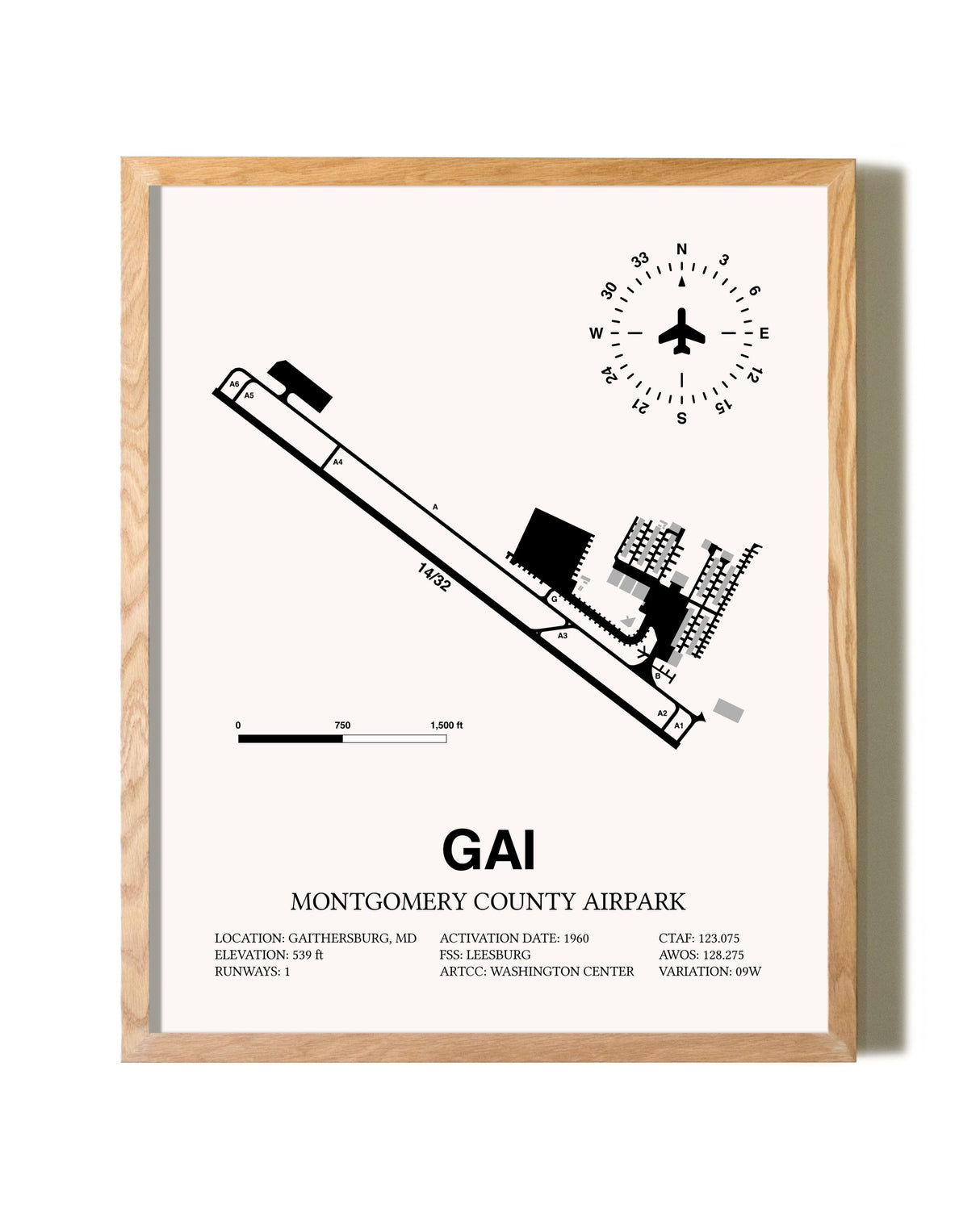 Montgomery County Airpark framed print in natural wood frame