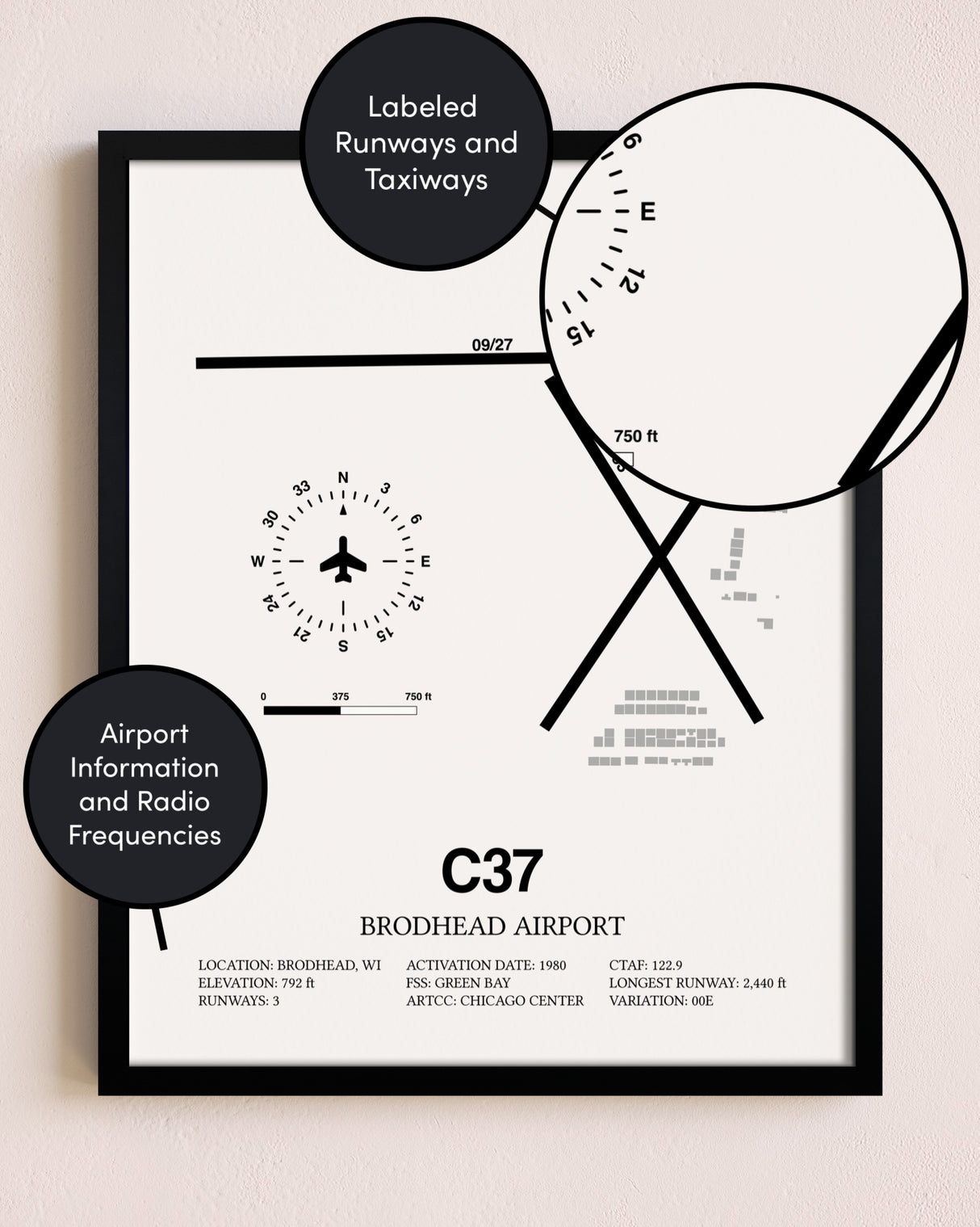 Framed Brodhead Airport layout wall art poster