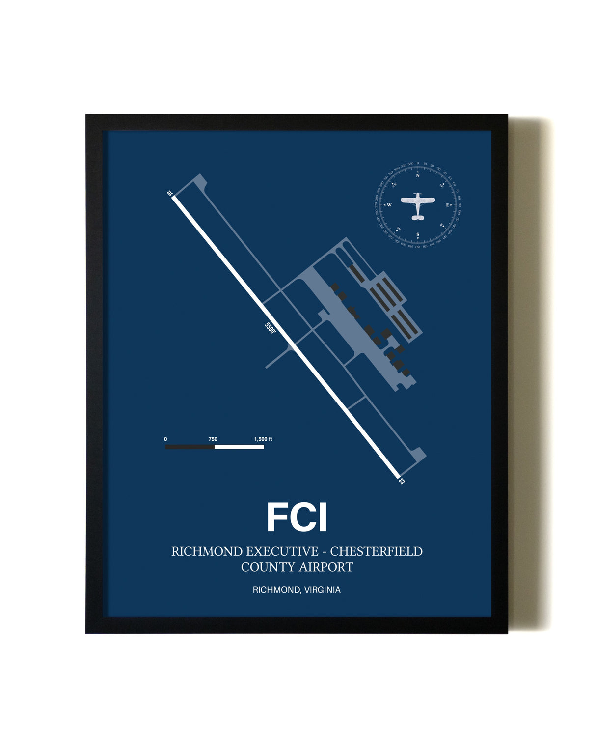 Aviation Blue Framed Richmond Executive-Chesterfield County Airport layout wall art poster