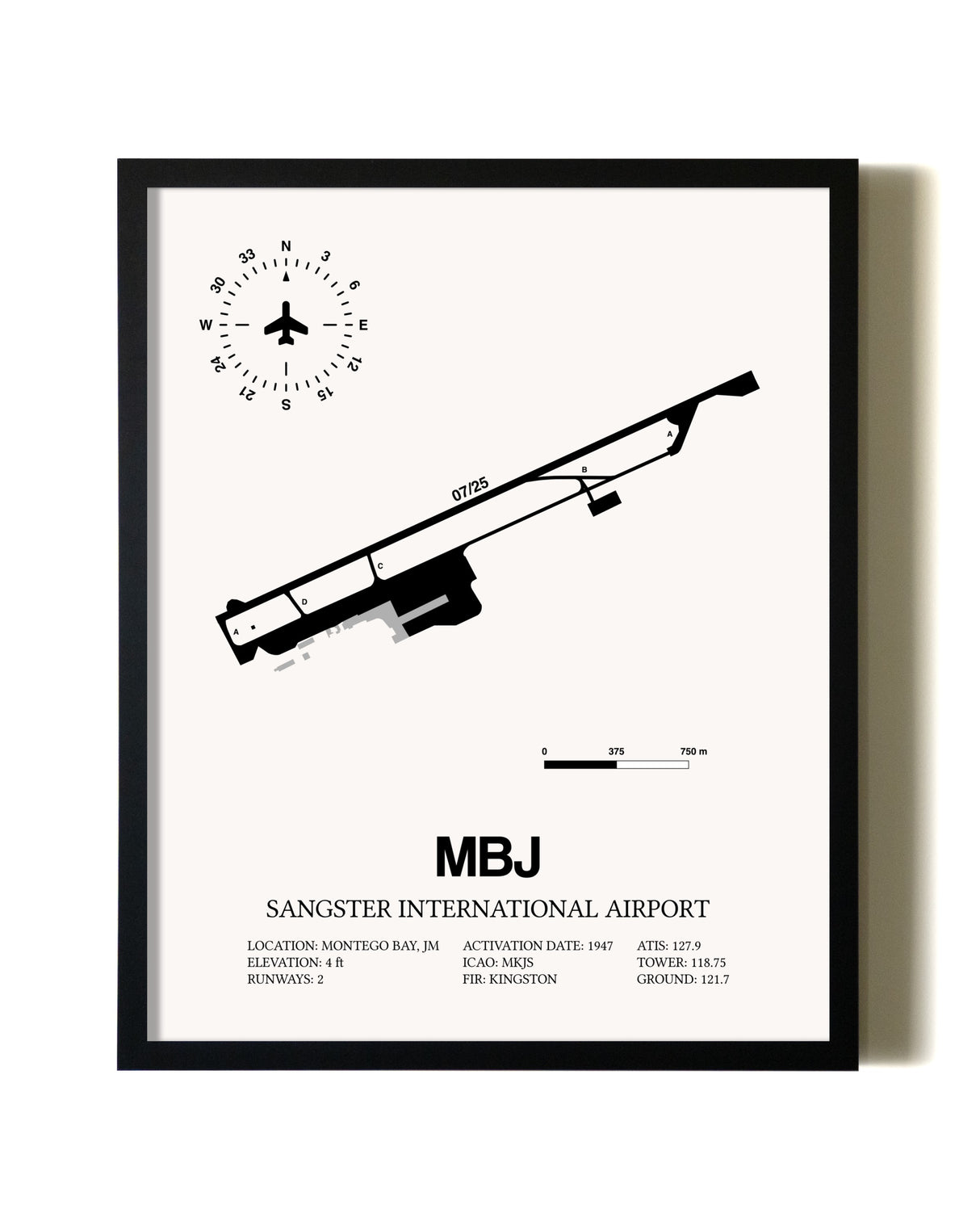 Framed Sangster International Airport wall art poster in black frame