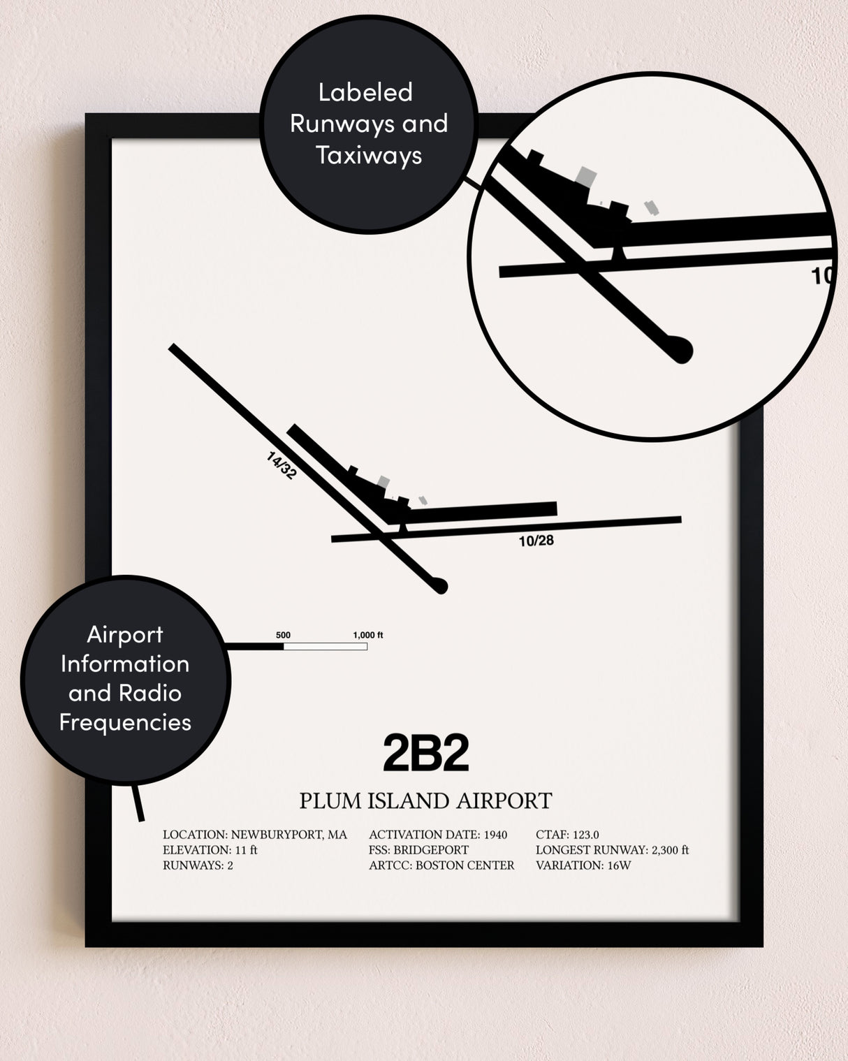 Framed Plum Island Airport layout wall art poster