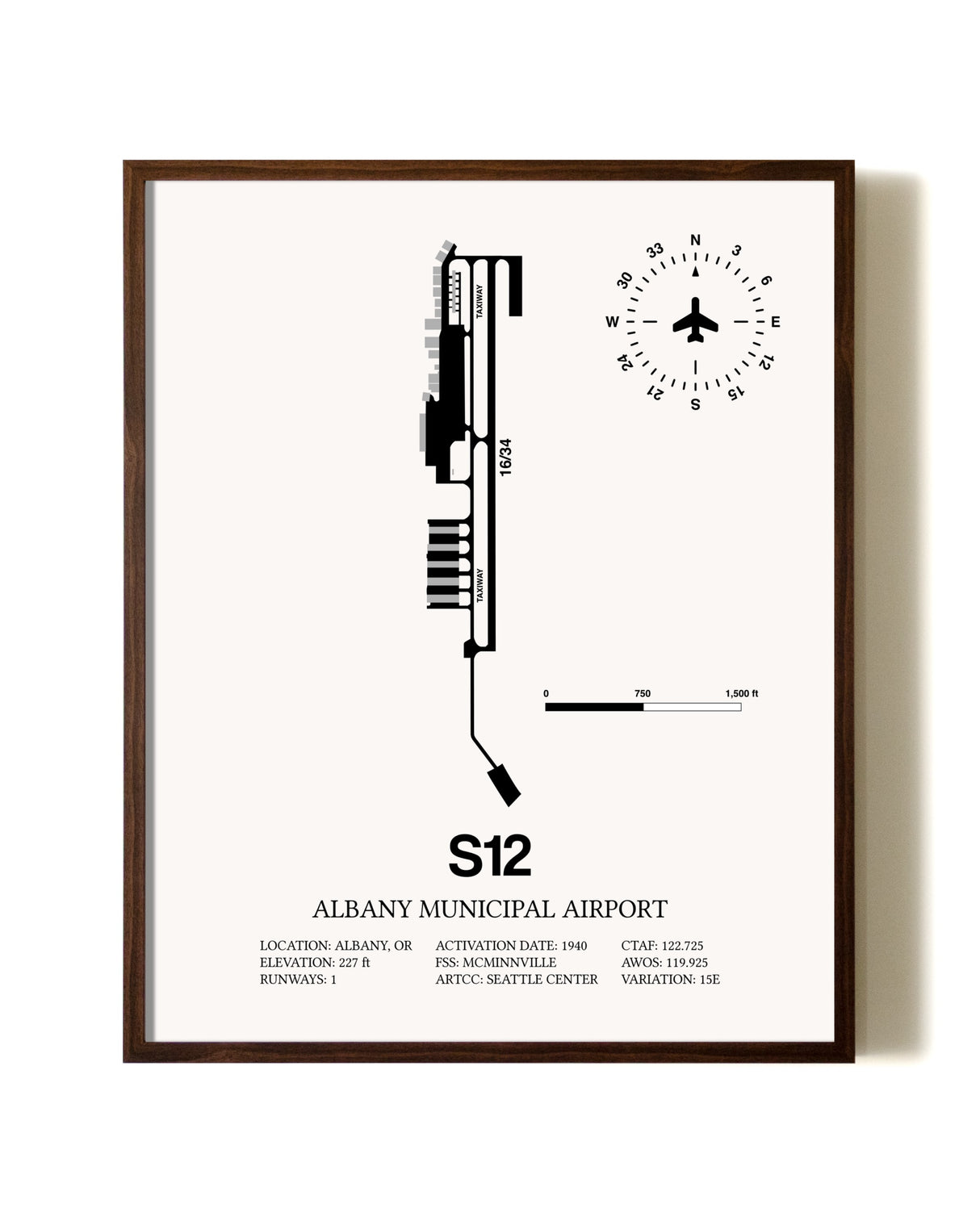 Albany Municipal Airport aviation print in walnut frame