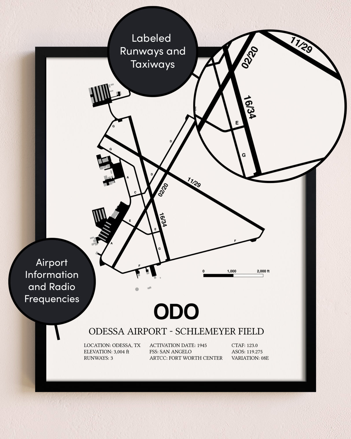 Framed Odessa Airport-Schlemeyer Field layout wall art poster