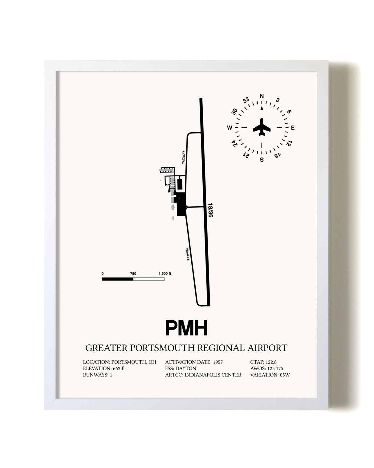Greater Portsmouth Regional Airport airport map poster in oak frame