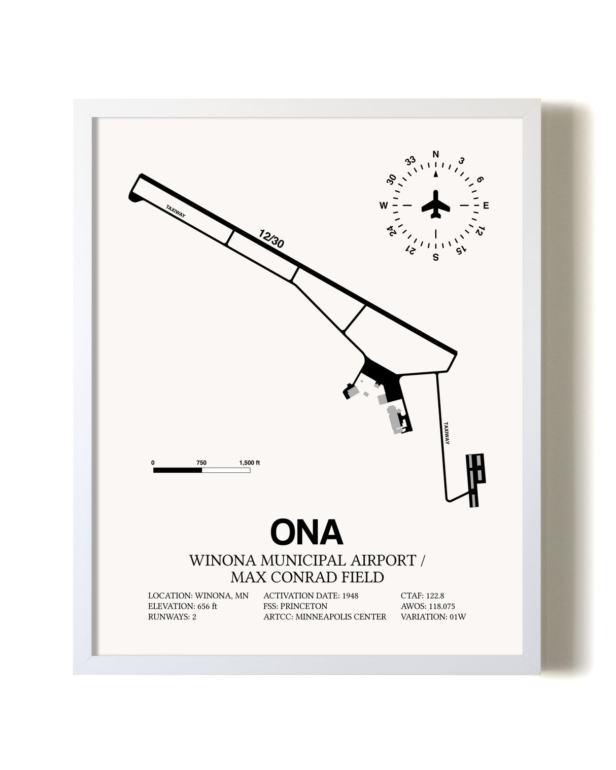 Winona Municipal Airport / Max Conrad Field airport map poster in oak frame