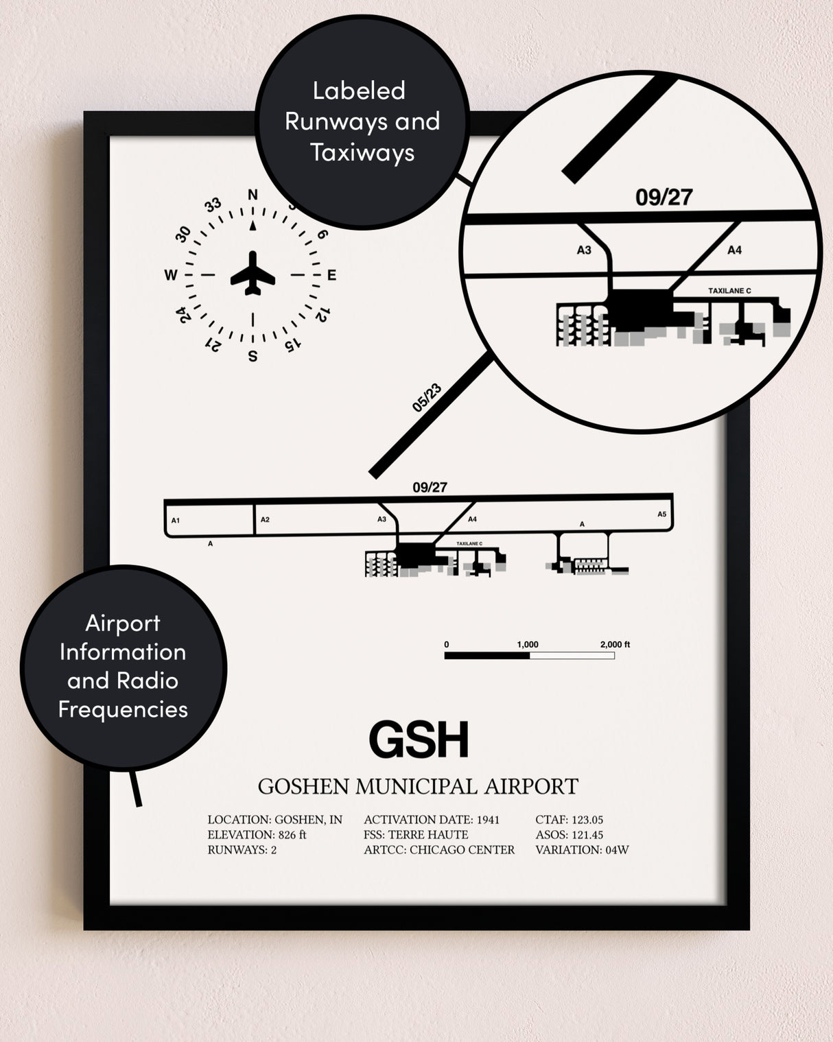 Framed Goshen Municipal Airport layout wall art poster