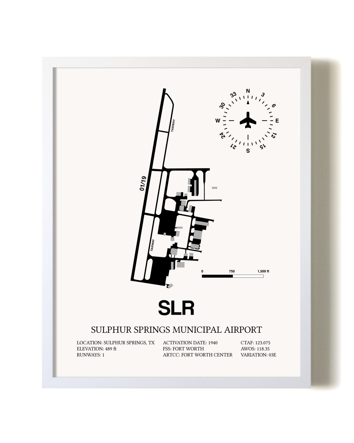 Sulphur Springs Municipal Airport airport map poster in oak frame